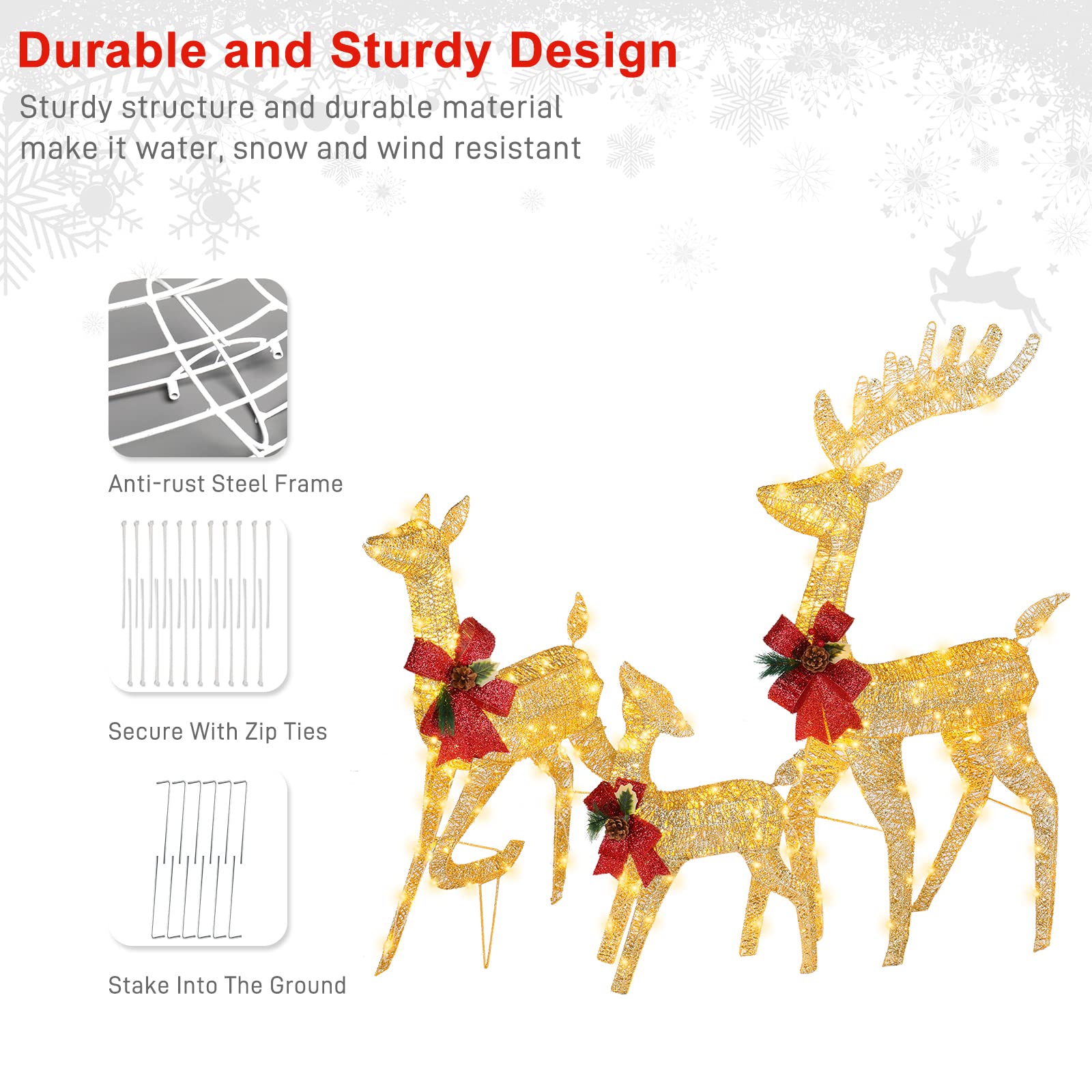 VINGLI Pre-lit Christmas Reindeer Decorations - 270 LED Outdoor Lighted Deer Family Set of 3 (Gold) | Weatherproof Holiday Yard Decor for Home, Garden, and Indoor Christmas Displays
