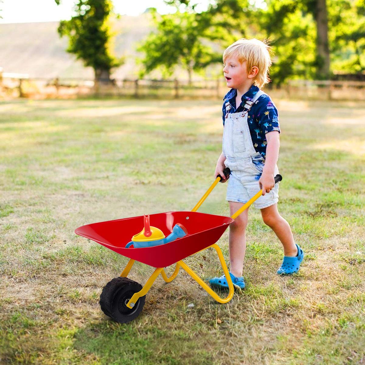 Nightcore Kids Metal Wheelbarrow - Durable Steel Construction Toy Cart for Toddlers, Red Yard Rover with Steel Tray - Perfect for Carrying Dirt, Tools & Leaves in Garden Play - Outdoor Gardening Pretend Play Toy for Children