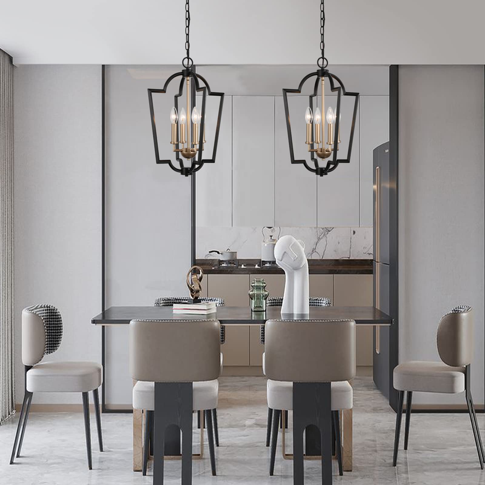 Modern Black & Gold Chandelier - 4-Light Lantern Pendant Light Fixture for Kitchen Island, Dining Room, Living Room, Bedroom, Foyer & Entryway | Elegant Lighting for Home Decor & Interior Design