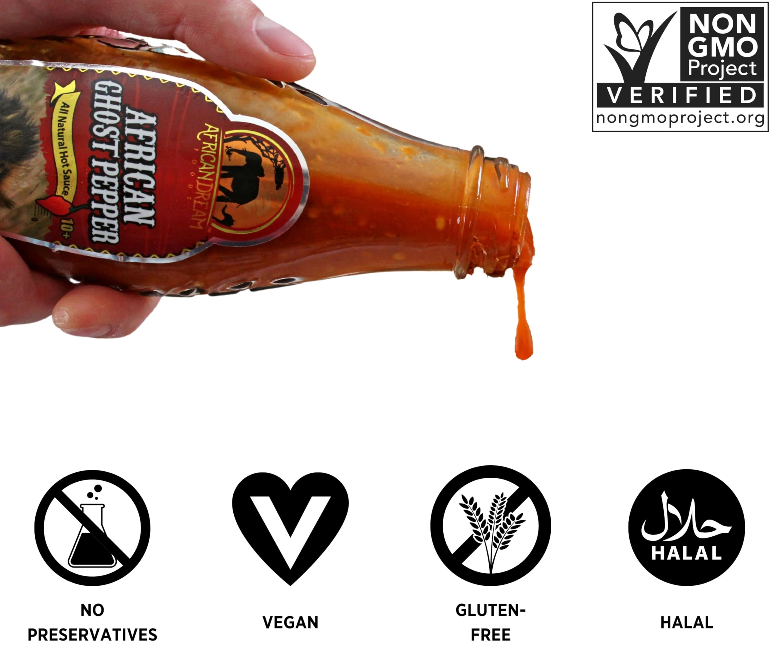 African Ghost Pepper Hot Sauce by African Dream Foods - Extremely Spicy Vegan & Non-GMO Sauce (5 fl oz Glass Bottle) - Perfect for Wings, Tacos, Chili & Cooking