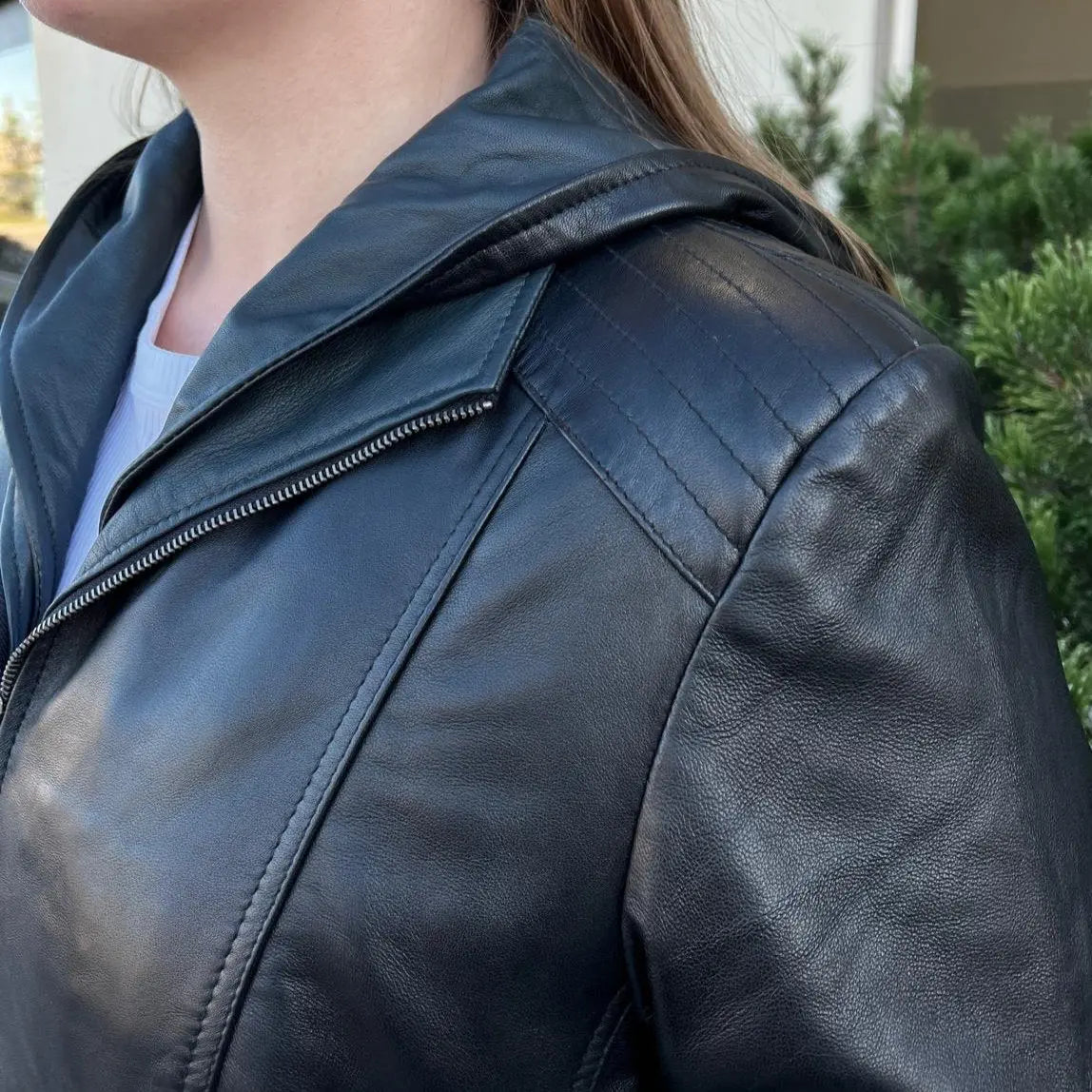 Premium Genuine Sheepskin Leather Jacket with Detachable Hood - Stylish & Warm for Fall, Winter Outdoor Adventures