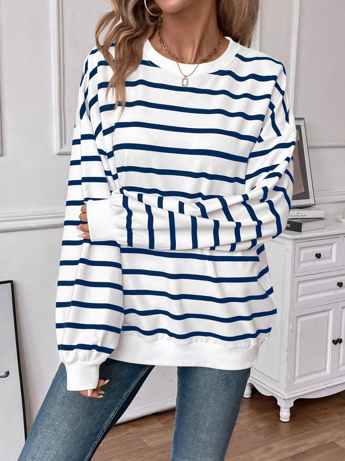 Lovelet Striped Round Neck Long Sleeve Sweatshirt for Women - Cozy Casual Pullover Top for Fall & Winter - Perfect for Lounge, Workout, and Everyday Wear