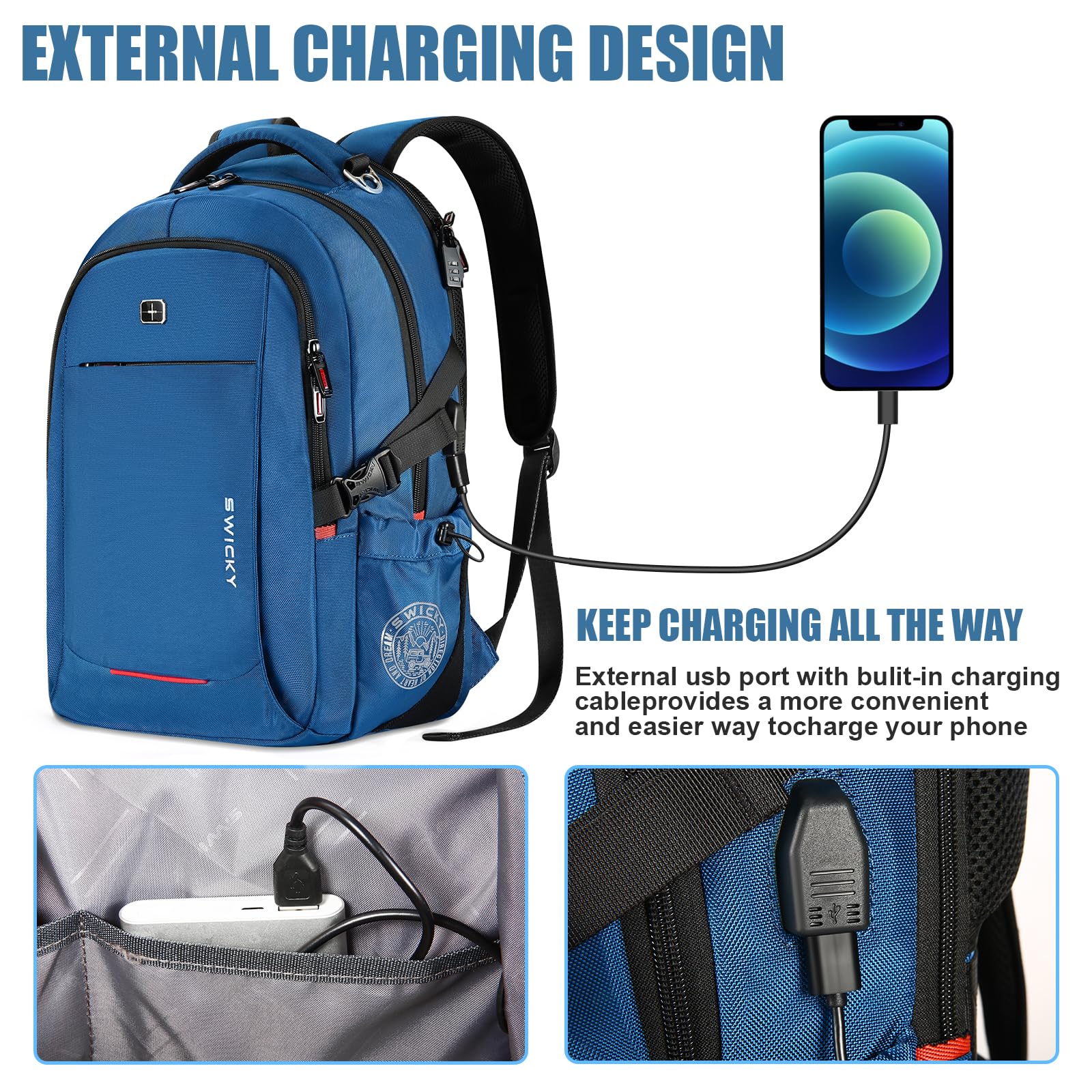 Star Cloud 16 Inch Travel Laptop Backpack with USB Charging Port - Waterproof Anti-Theft Business & College Computer Backpack for Men & Women (Blue) - Perfect for Work, School, Commuting & Air Travel