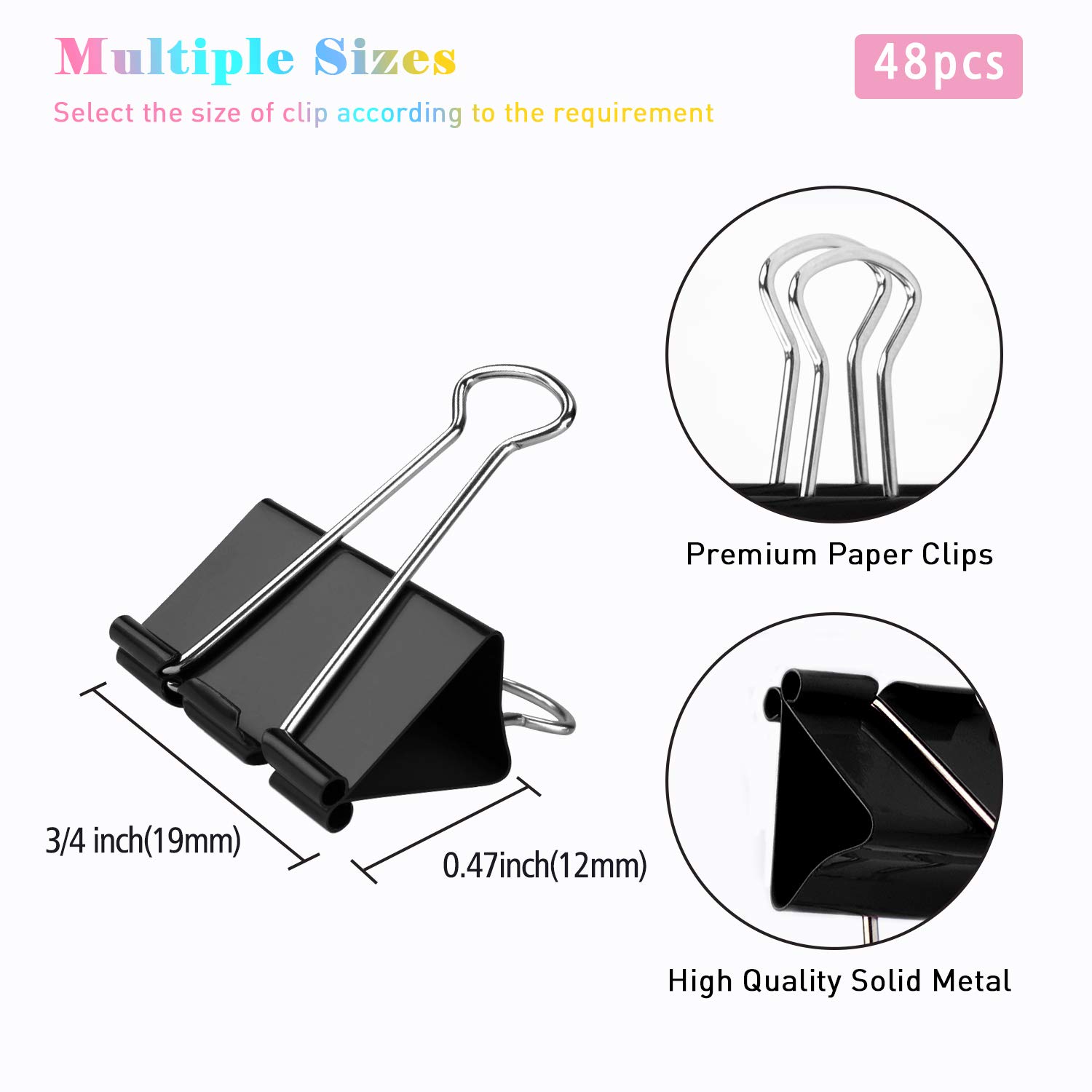 Small Binder Clips 48 Pack - 3/4 Inch (19mm) Black Office Paper Clamps with 0.31 Inch Capacity - Perfect for Organizing Documents, Photos & Craft Projects