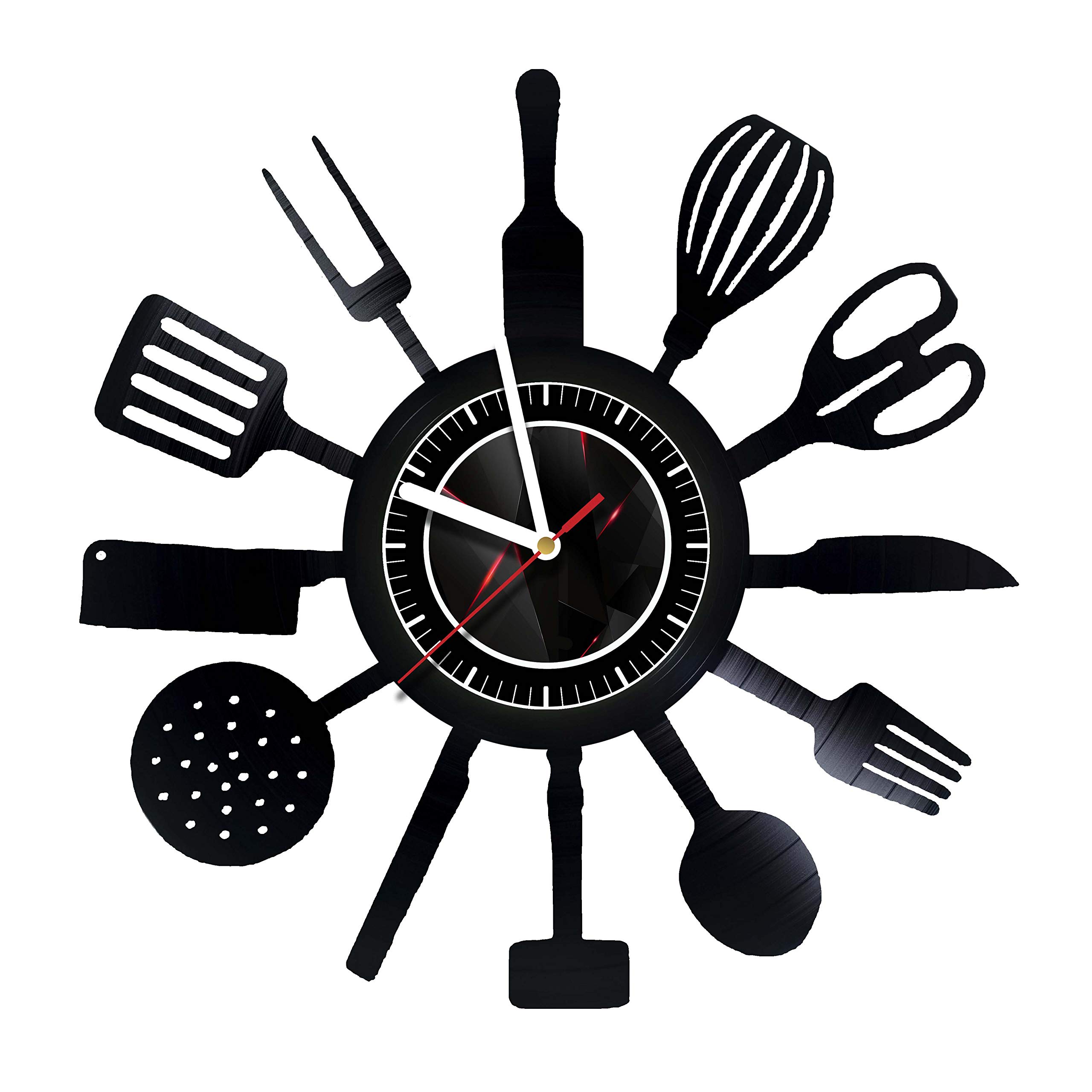 Vinyl Wall Clock with Cook Tools Design - Handmade from Recycled Vinyl Records - Unique Kitchen Decor Gift for Birthday, Christmas (Men, Women, Chefs) - Perfect for Home, Restaurant & Cafe Decor