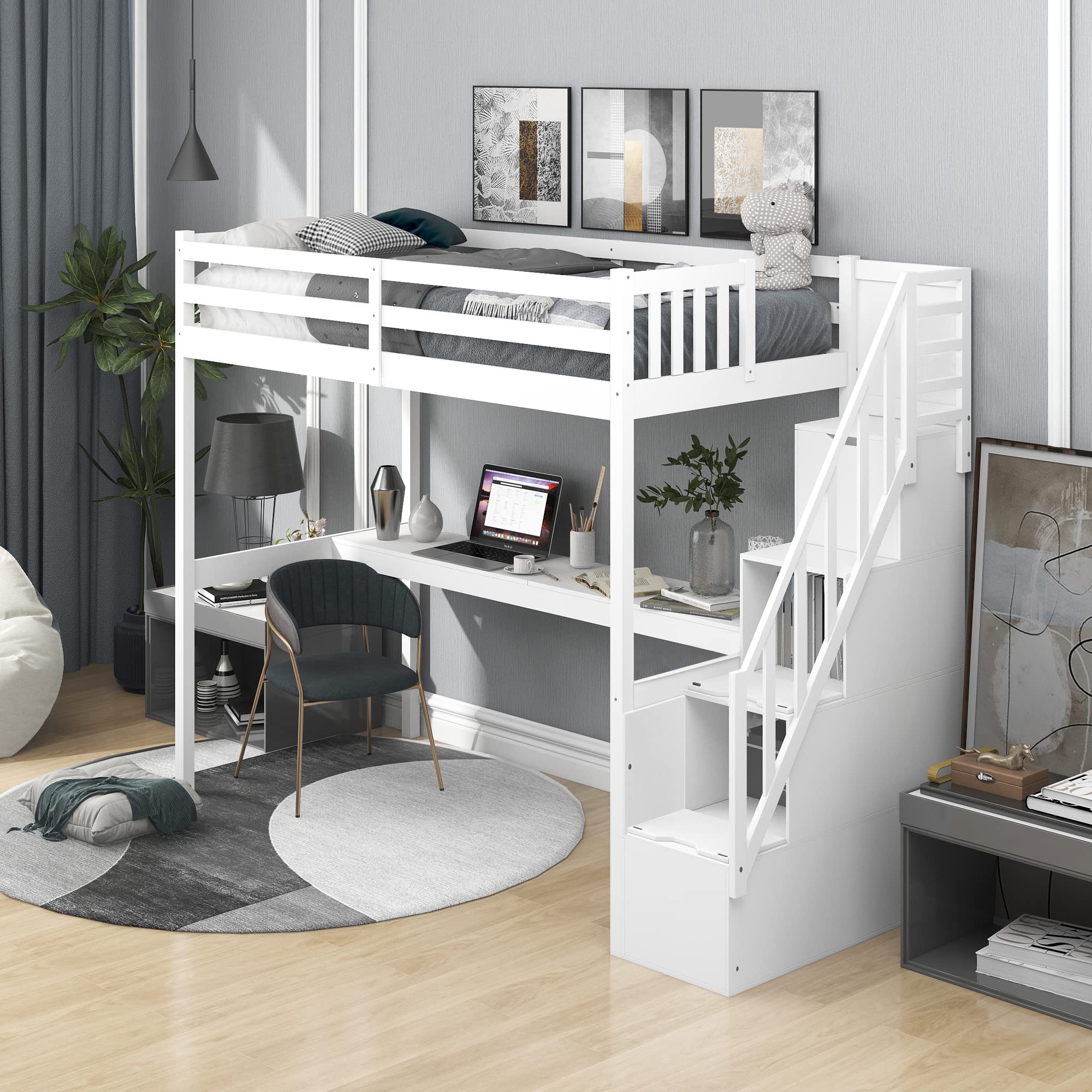 MOEO Twin Size Loft Bed with Desk & Staircase Storage - Sturdy Wooden Bed Frame for Kids, Teens & Adults - No Box Spring Needed - White - Perfect for Small Bedrooms, Dorms & Studio Apartments