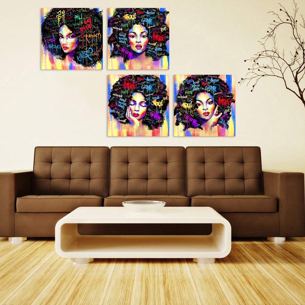AMEMNY 4 Panels Abstract Wall Art Canvas - African American Women Graffiti Style Painting, Framed Ready to Hang (12x12) - Modern Home Decor for Living Room, Bedroom & Bathroom | Perfect for Bohemian & Hippie Style Interiors