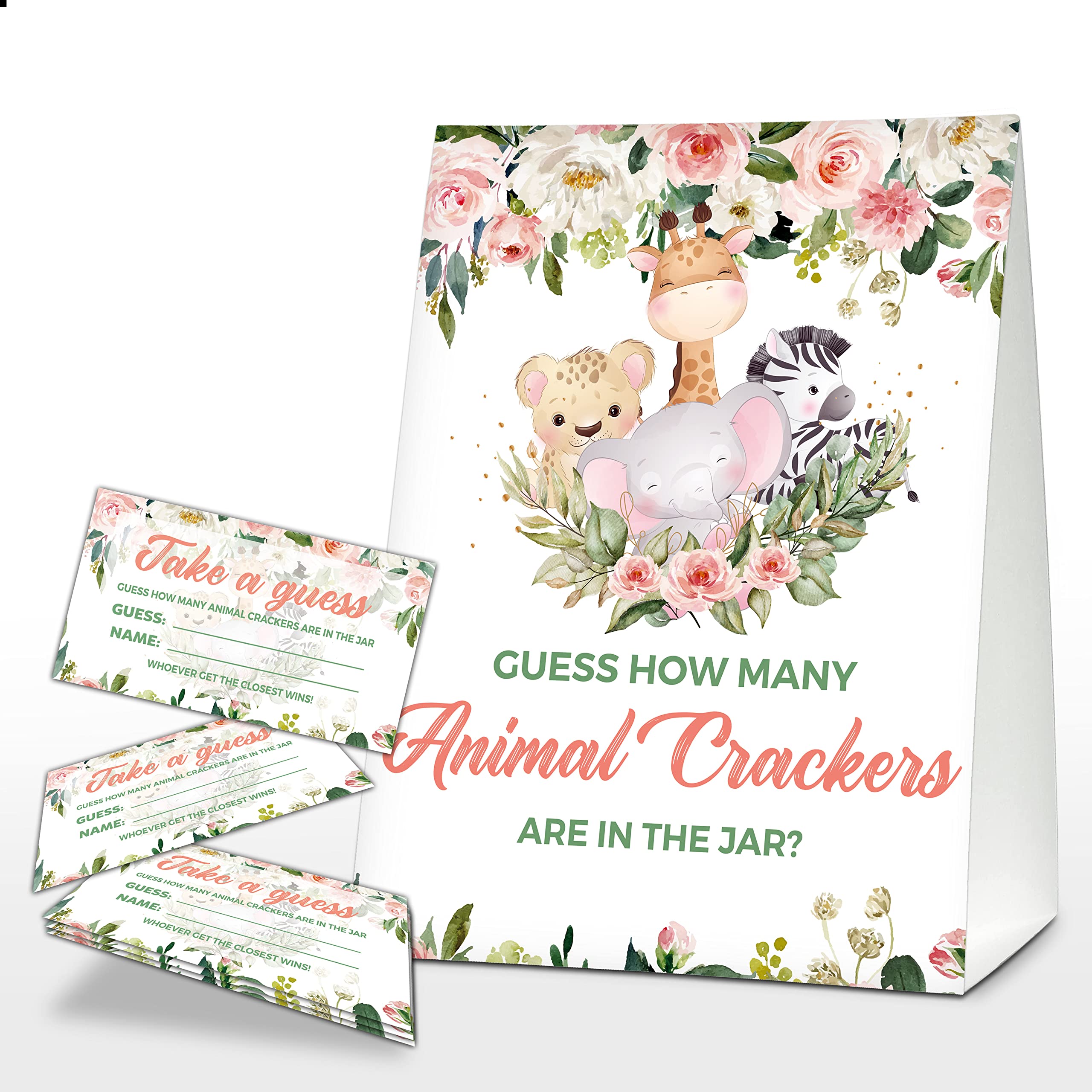 Blush Pink Boho Floral Baby Shower Game - Safari Jungle Animal Crackers Guessing Jar Game (1 Sign + 50 Cards) for Boys & Girls Baby Shower Decorations - Perfect for Gender Reveal, Birthday Parties & Nursery Decor
