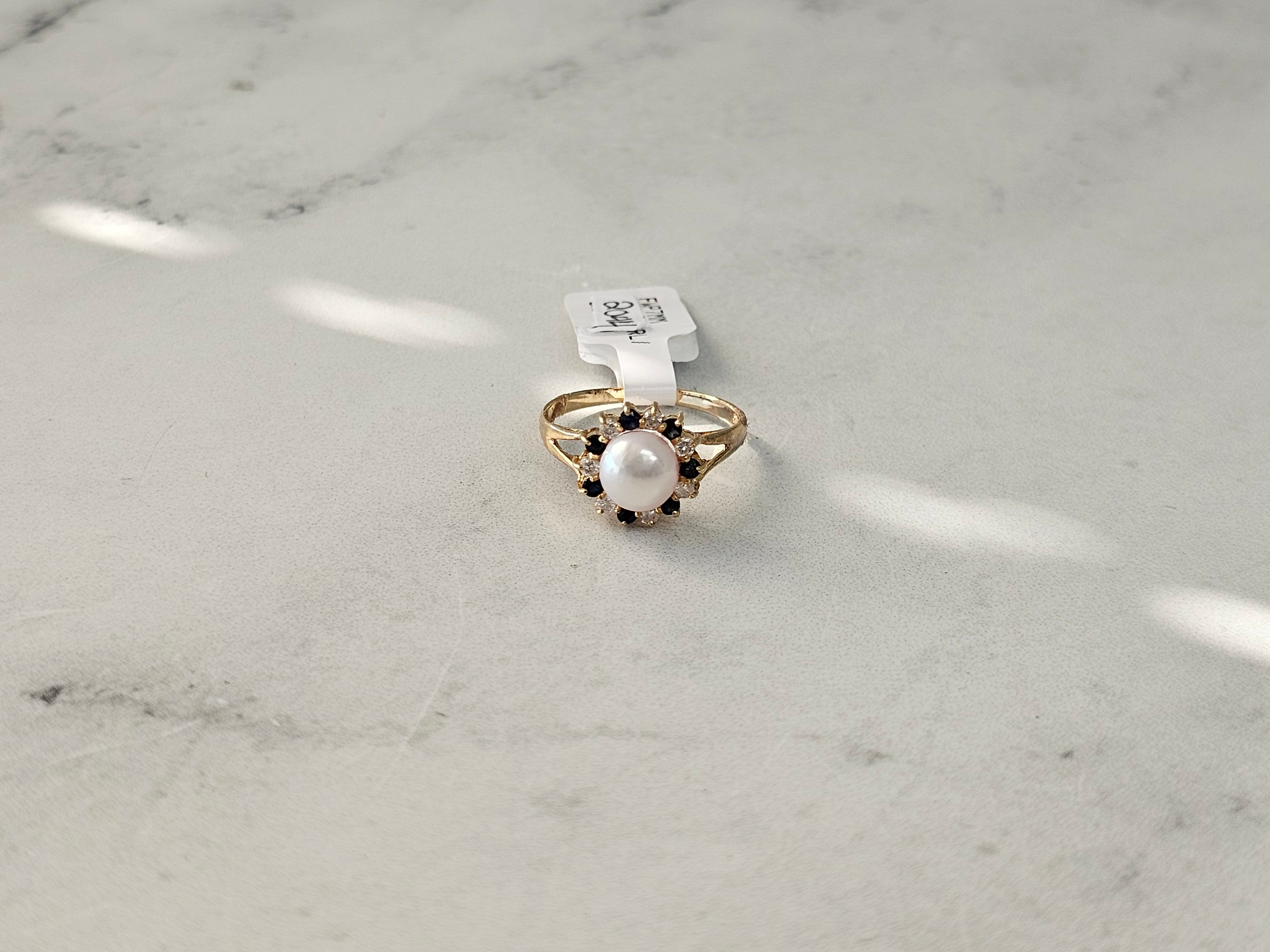 14K Yellow Gold Pearl and Diamond Sapphire Halo Ring - Elegant Bridal Jewelry for Weddings, Anniversaries & Special Occasions