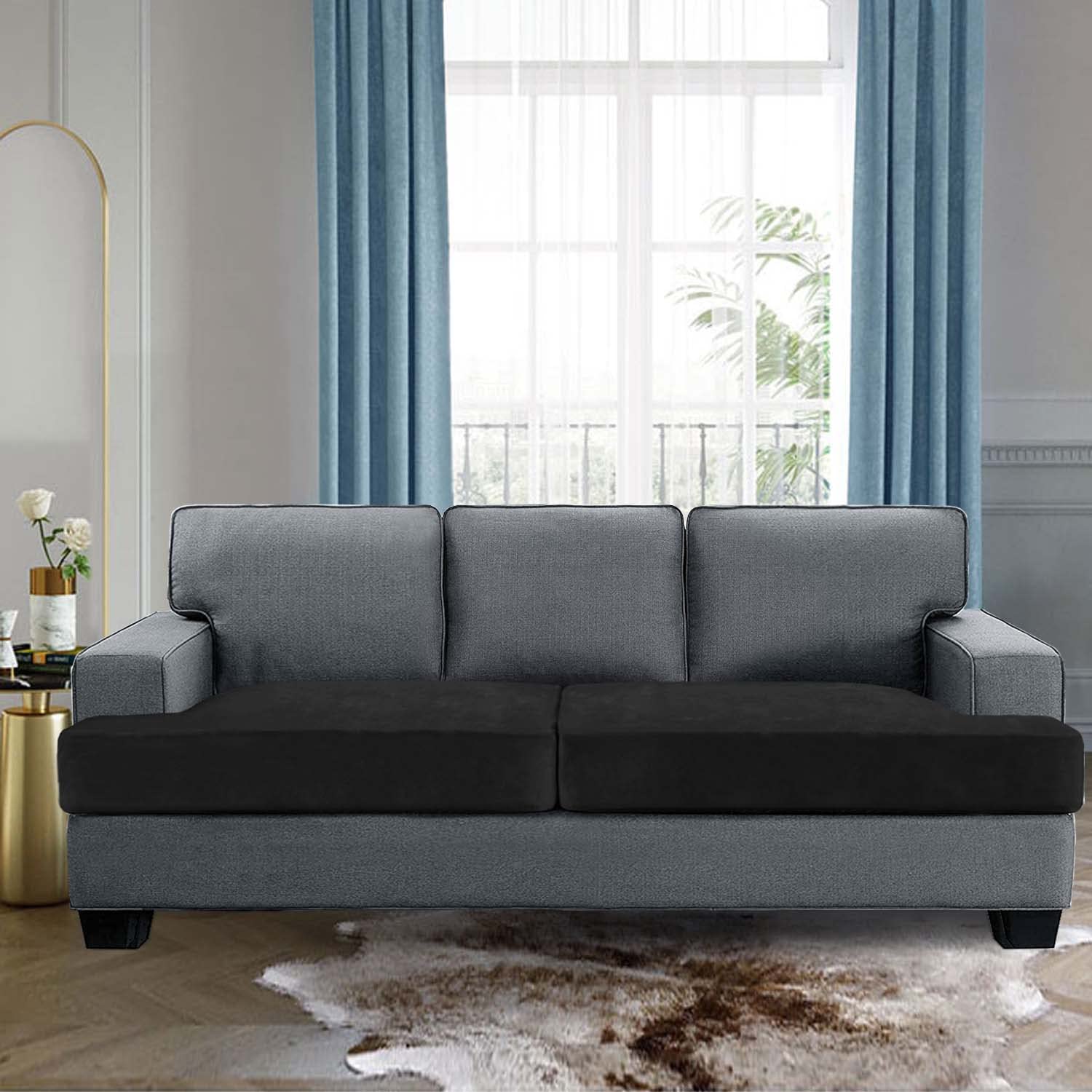 H.VERSAILTEX Stretch Velvet 2-Piece T-Cushion Sofa Slipcovers - Soft Elastic Sofa Seat Covers for 2-Cushion Couches, Non-Slip Furniture Protector (Black) - Perfect for Living Room, Home Decor & Pet-Friendly Furniture Protection