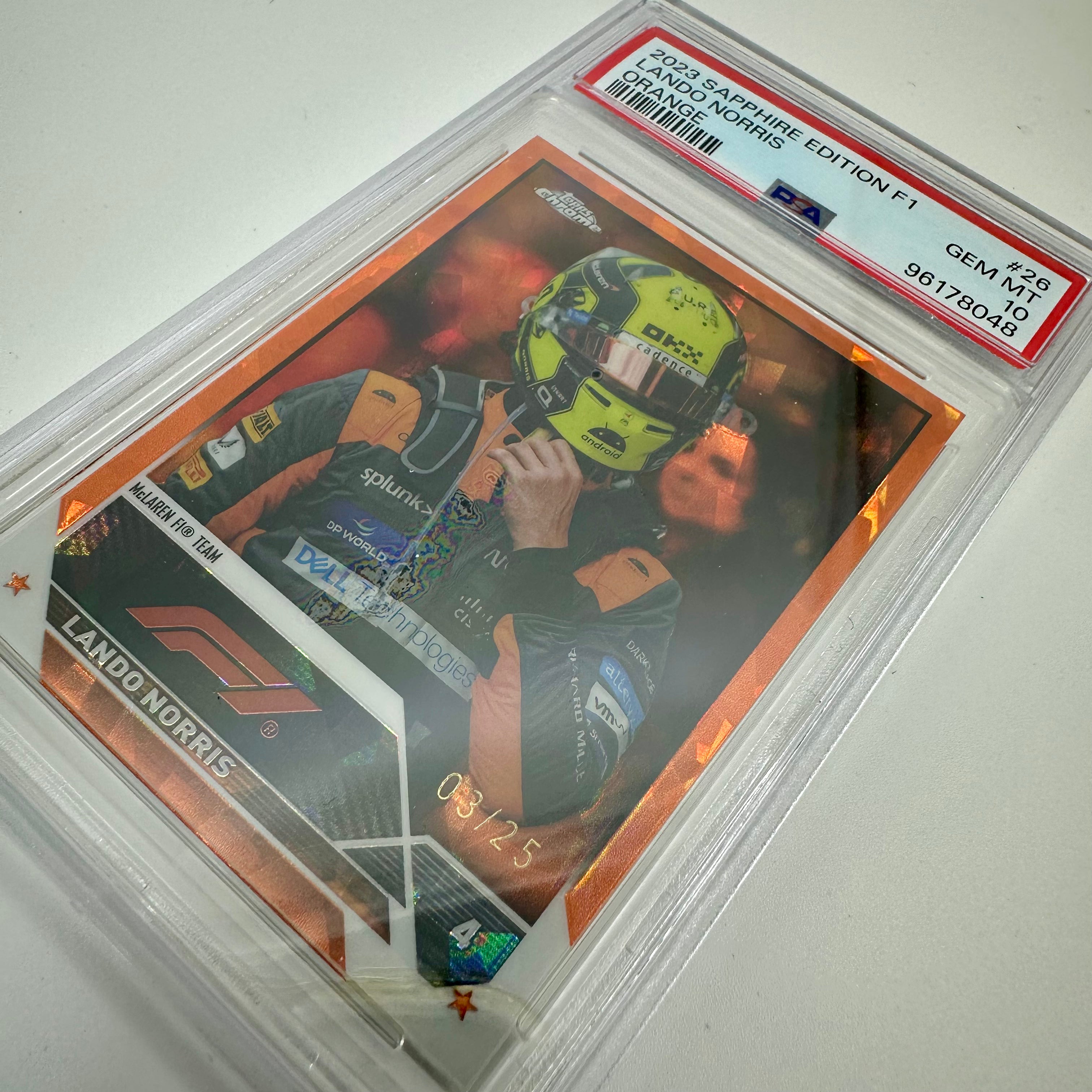2023 Topps Chrome F1 Lando Norris #26 Orange Sapphire PSA 10 Graded Card - Perfect for F1 Collectors, Racing Fans, and Sports Memorabilia Enthusiasts