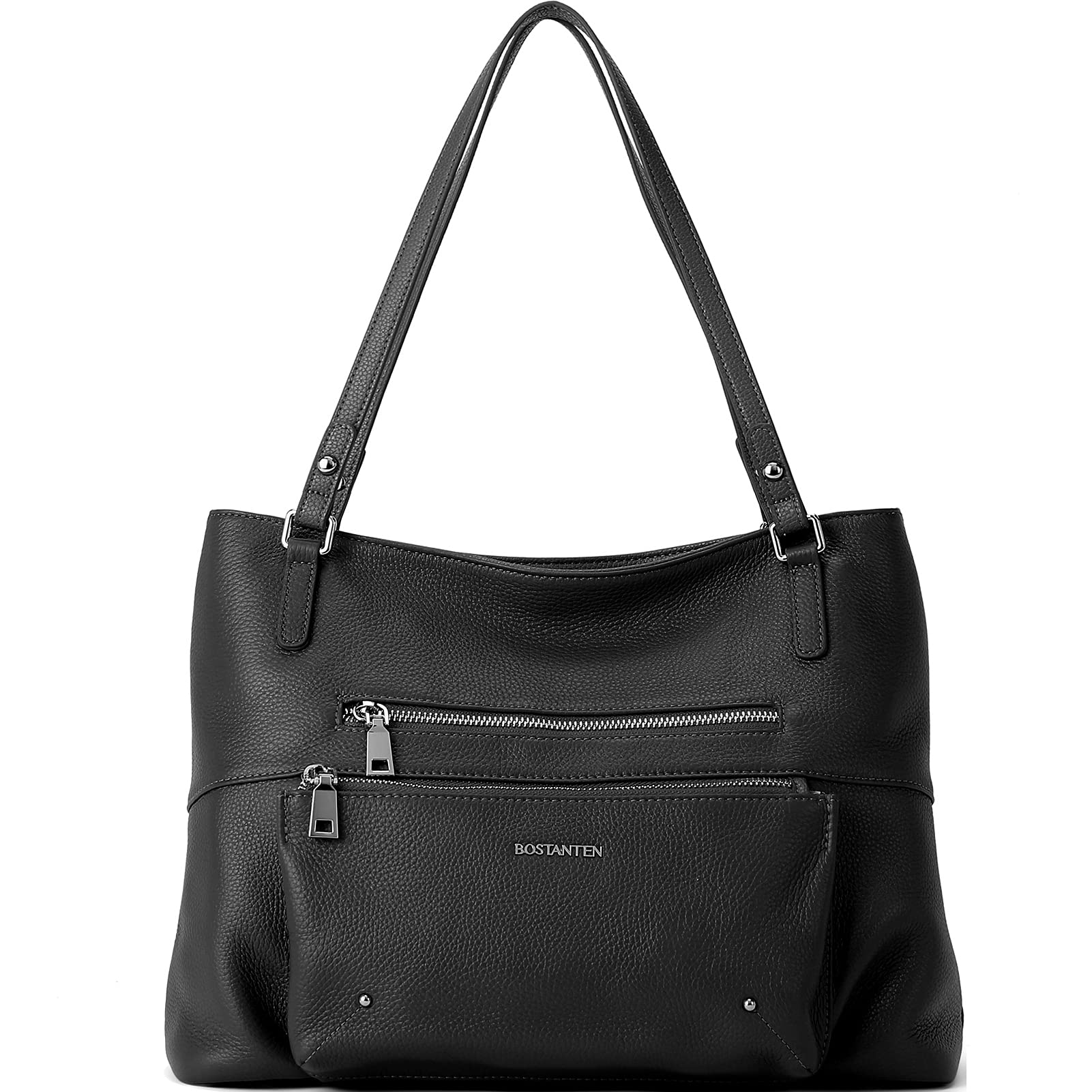 BOSTANTEN Women's Leather Tote Bag - Soft Designer Hobo Handbag with Top Handle & Shoulder Strap for Work, Travel & Everyday Use - Black