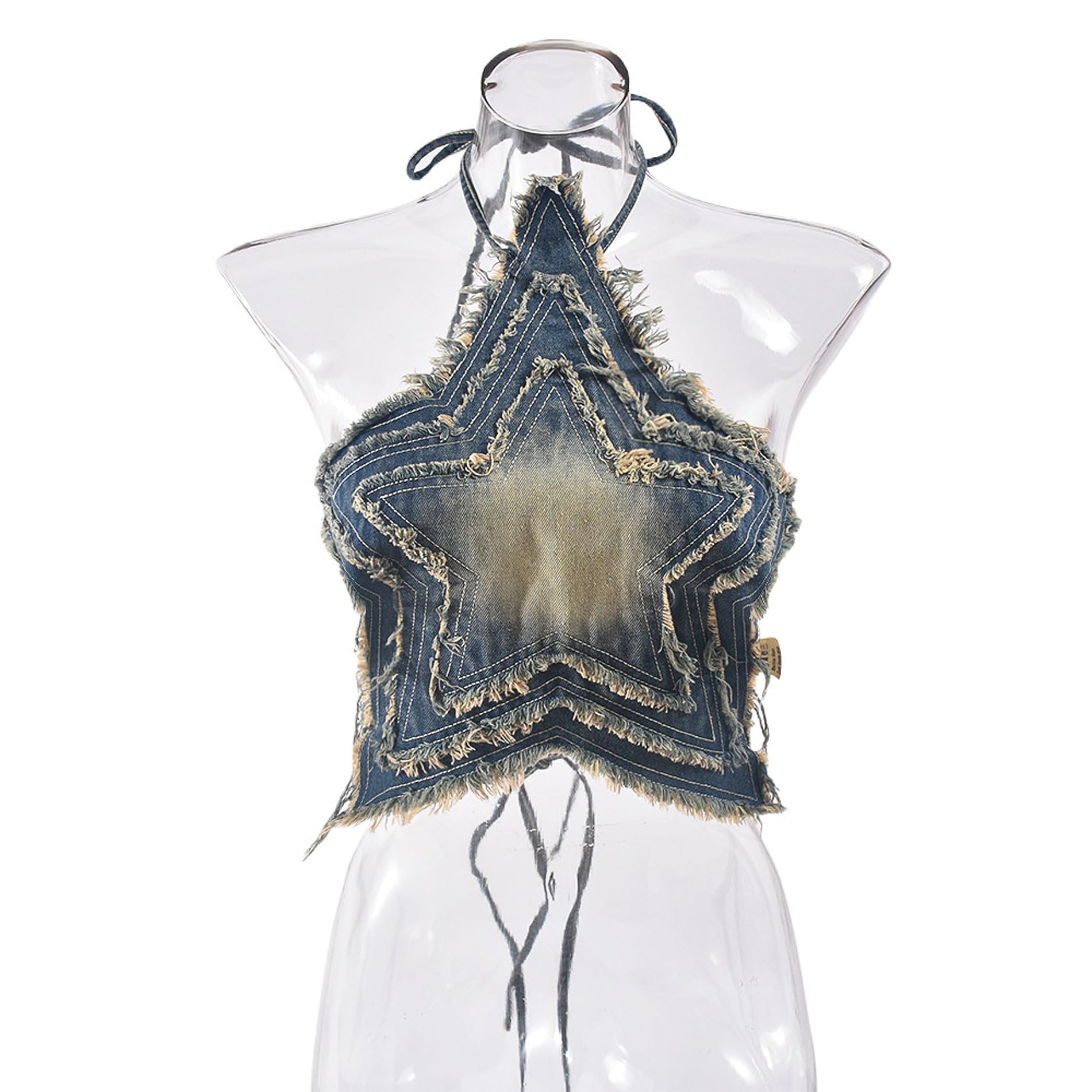 Y2K Women's Halter Backless Cami Crop Top - Raw Trim Washed Denim Star Tank with Self Tie for Rave & Festival Outfits | Trendy Streetwear & Summer Fashion