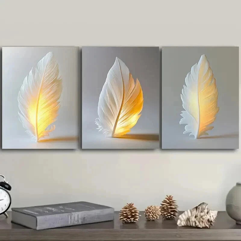 3pcs Glow in The Dark Feathers Wall Art Set - Framed Canvas 50x70cm - High Quality Print - 100% Australian Made - Ready to Hang - Perfect for Bedroom, Living Room & Office Decor