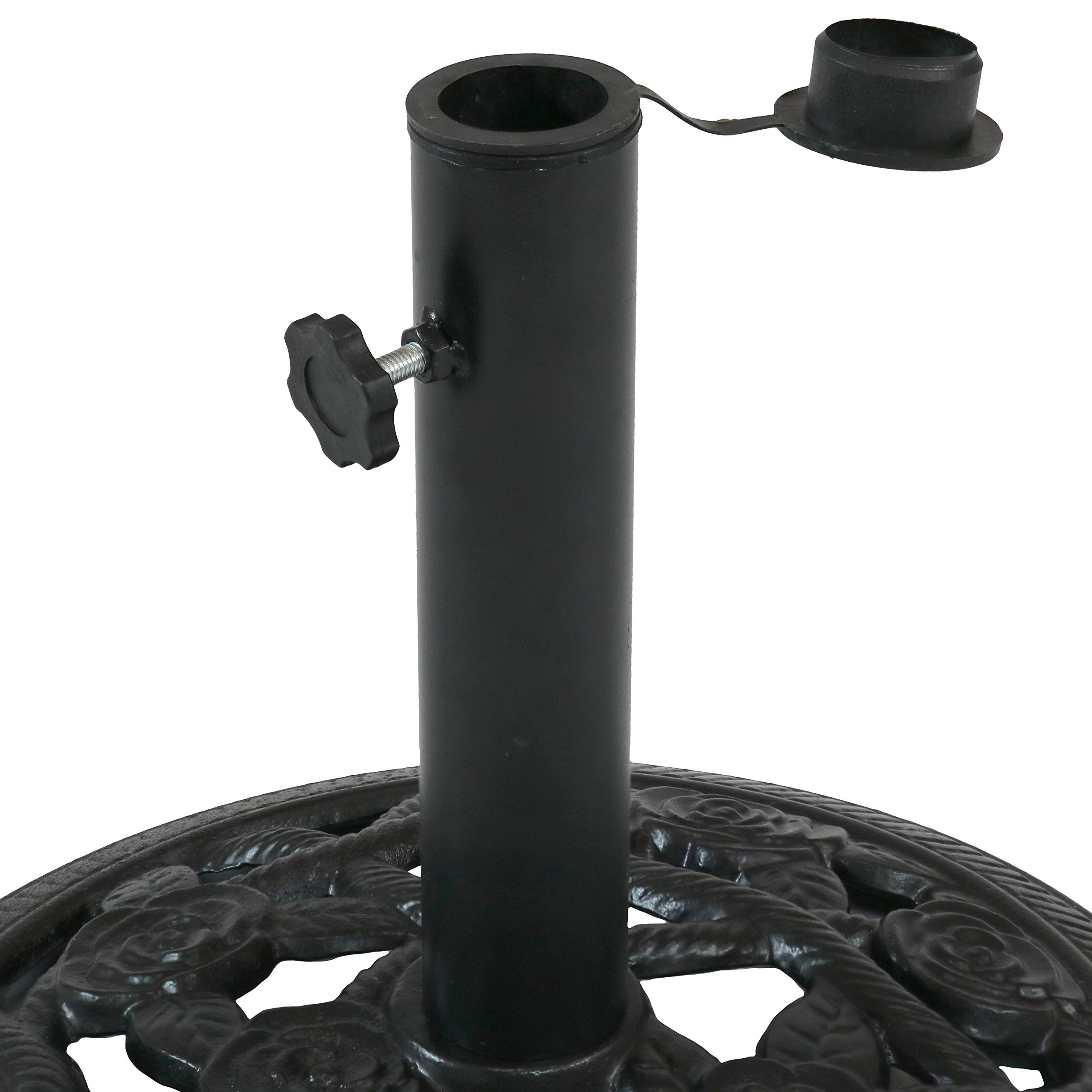 Heavy Duty Cast Iron Patio Umbrella Base Stand with Decorative Rose Blossom Design - 16-Inch Diameter Black Outdoor Umbrella Weight - Perfect for Garden, Poolside & Backyard Relaxation