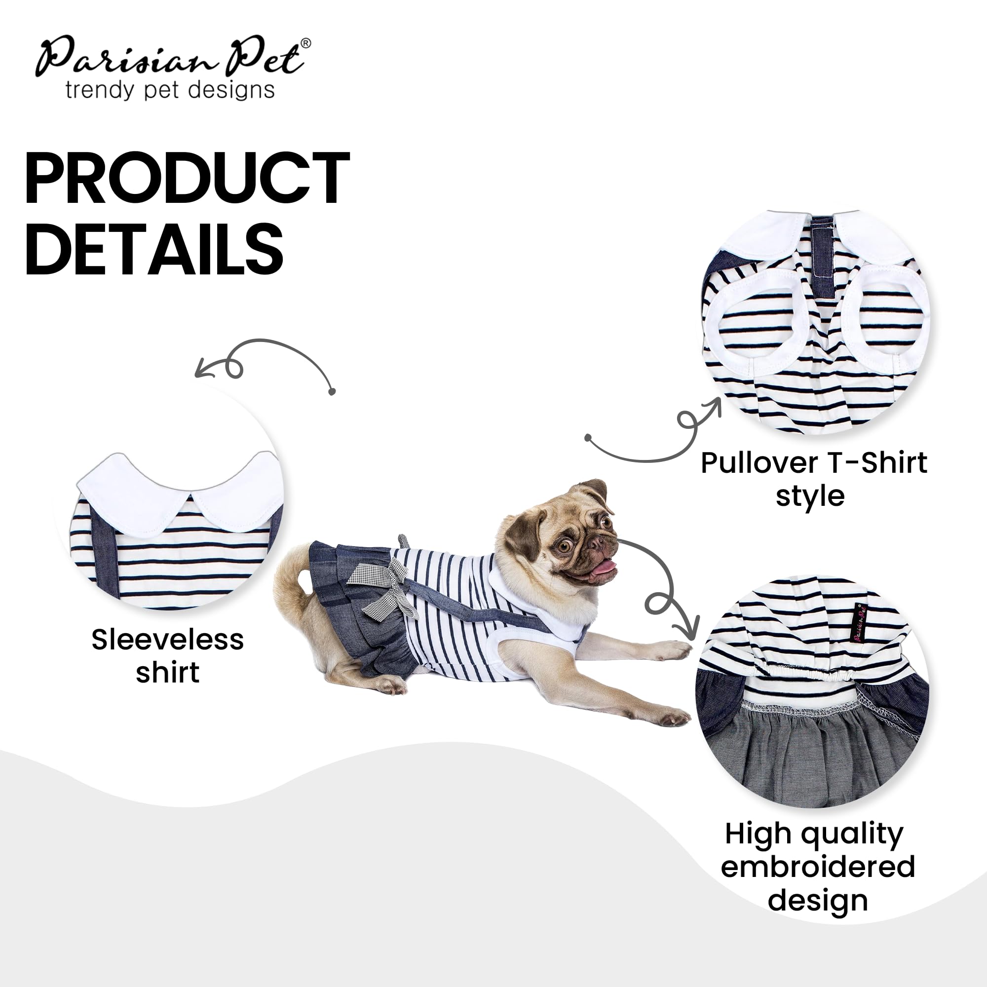 Parisian Pet Dog Dress - Preppy Girl Dog Clothes - Stylish Chambray Skirt Summer Outfit for Small Dogs - Lightweight Sleeveless Dog Overall Dress - Perfect for Parties, Walks & Photo Shoots