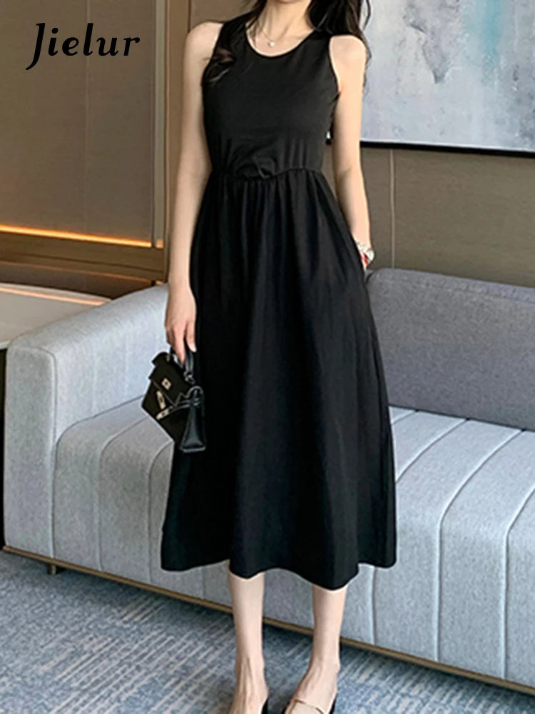 Black O-Neck Sleeveless Slimming Tank Dress for Women - High Waist Solid Color Summer Maxi Dress - Perfect for Casual Wear, Office & Beach Outfits
