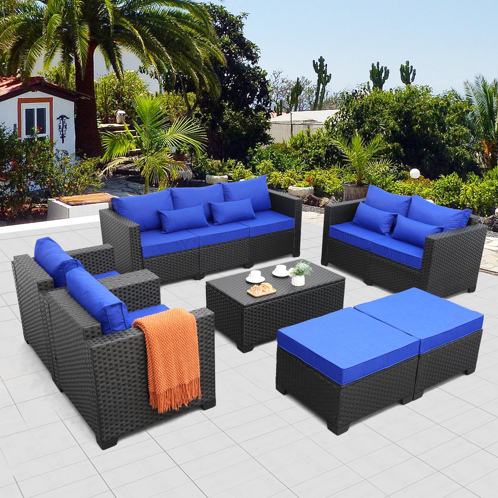 7-Piece Black Wicker Patio Furniture Set - Outdoor Rattan Conversation Sofa with Royal Blue Cushions & Covers - Perfect for Garden, Poolside & Backyard Relaxation