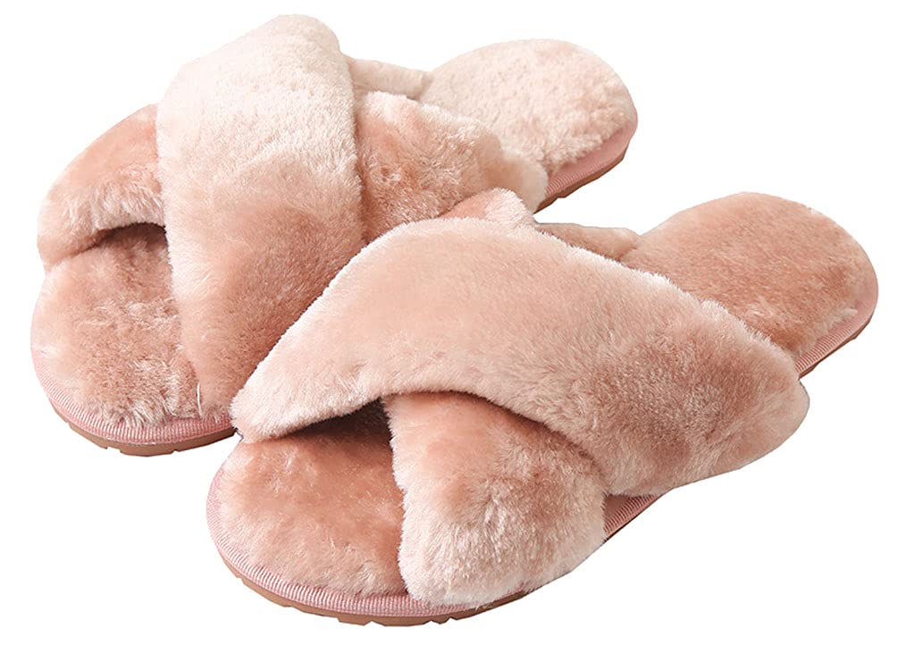D.S.MOR Women's Criss Cross Fuzzy House Slippers - Soft Fluffy Indoor Slippers for Women - Comfortable Cozy Home Shoes for Relaxing, Lounging & Winter Warmth
