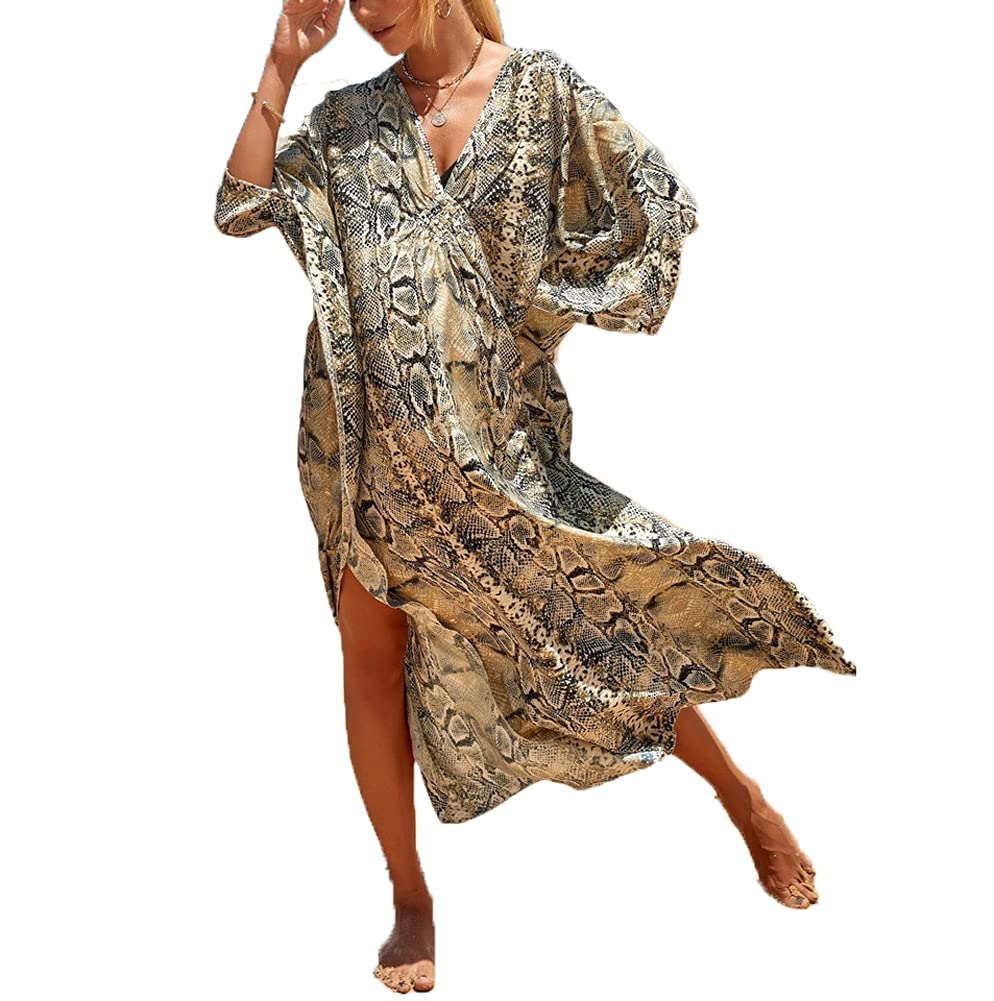 Women's V-Neck Kaftan Robe - Floral Ethnic Print Beach Cover Up Dress - Plus Size Bathing Suit Cover Up for Pool, Beach & Vacation Wear