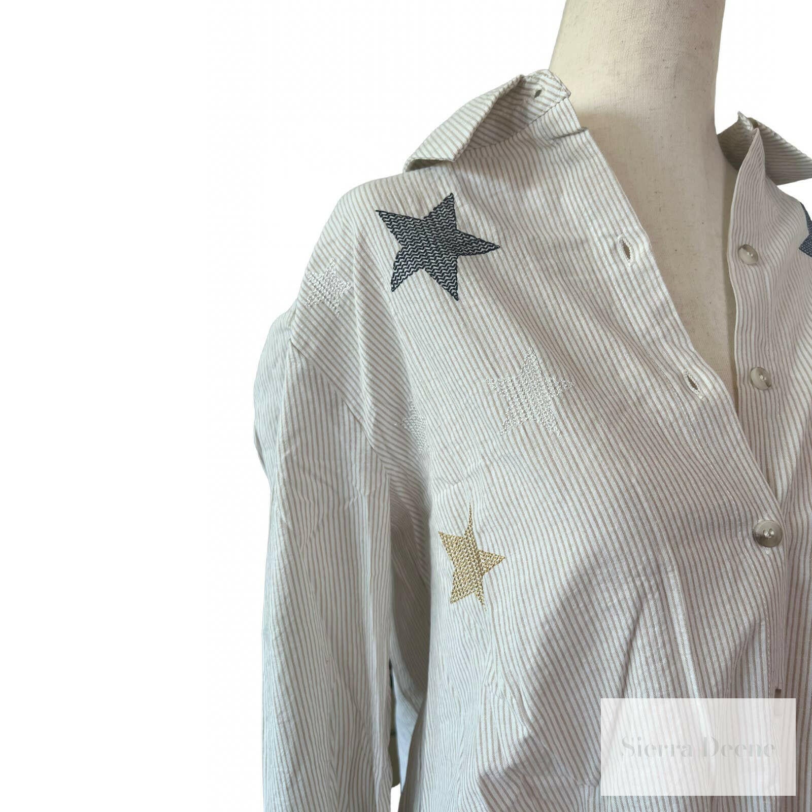 Star Embroidered Tie Front Striped Shirt for Women - Stylish Casual & Office Wear - Perfect for Work, Date Night & Everyday Outfits
