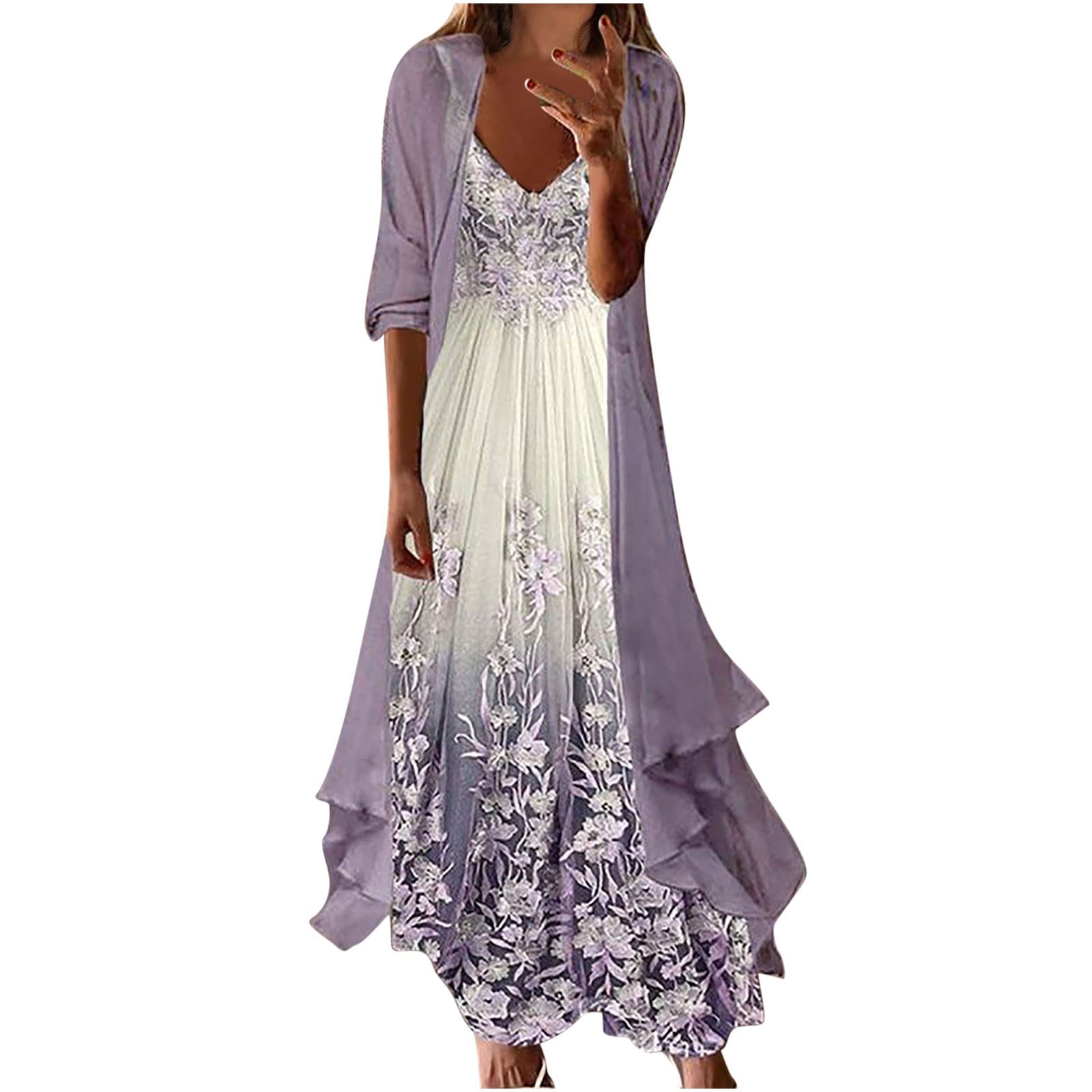 Floral Print Women's Two Piece Set - Sleeveless Maxi Dress with Chiffon Cardigan | Plus Size Summer Wedding Guest Outfit | Perfect for Beach Vacations, Garden Parties & Formal Events