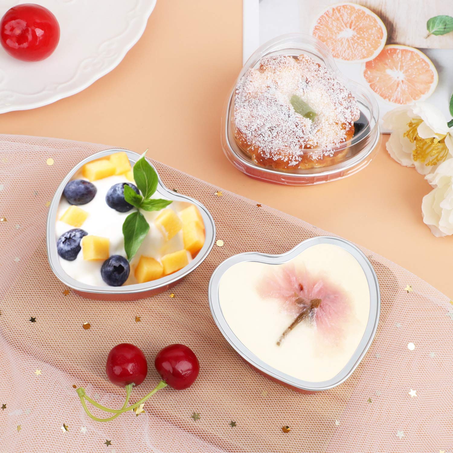 EUSOAR Mini Heart Shaped Cake Pans - 50pcs 3.4oz Aluminum Foil Baking Cups with Lids for Cupcakes, Flan, Cheesecake & Custard | Perfect for Valentine's Day, Weddings, Birthday Parties & Home Baking