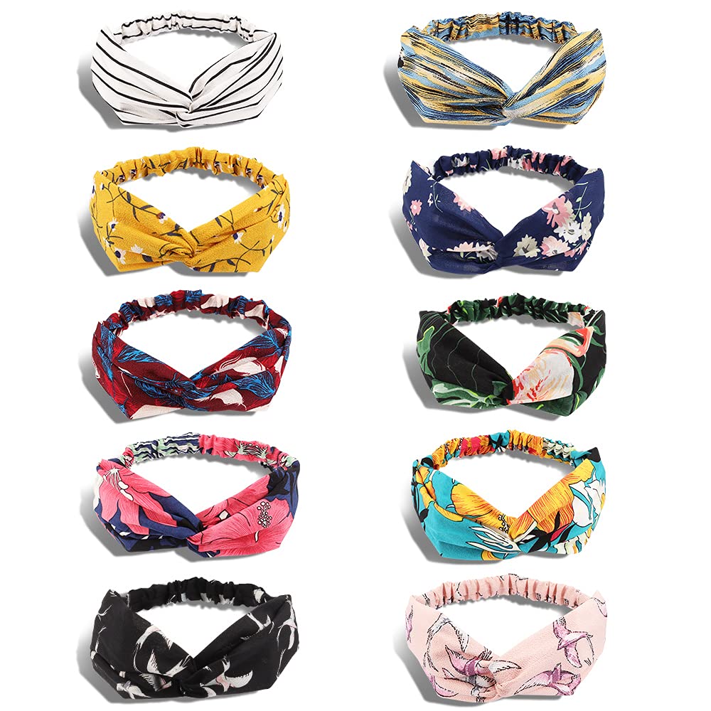 10 Pack Boho Headbands for Women - Non-Slip Knotted Hair Bands, Fashion Elastic Headwraps, Floral Bandeau Headwear for Yoga, Running, Workout & Everyday Style