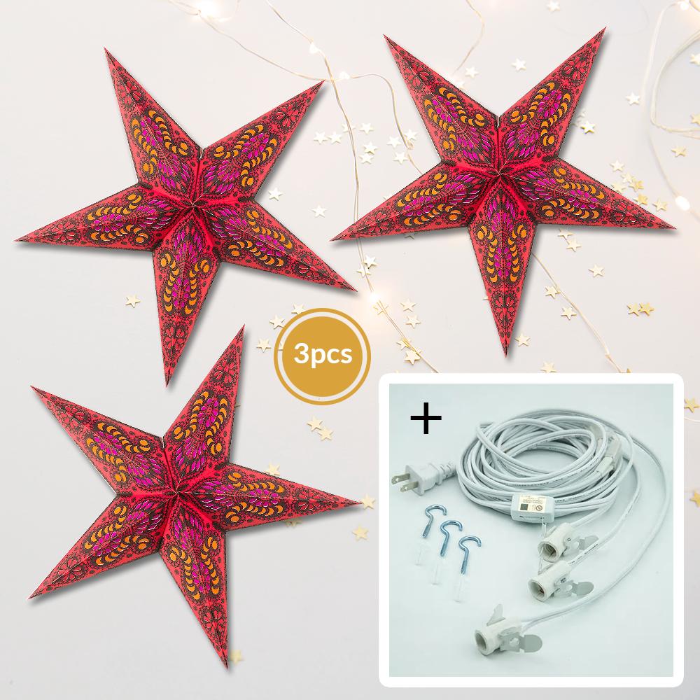 3-Pack 24-Inch Red Peacock Illuminated Paper Star Lanterns with LED Bulbs & Cord - Decorative Hanging Lights for Christmas, Party, Wedding & Home Decor