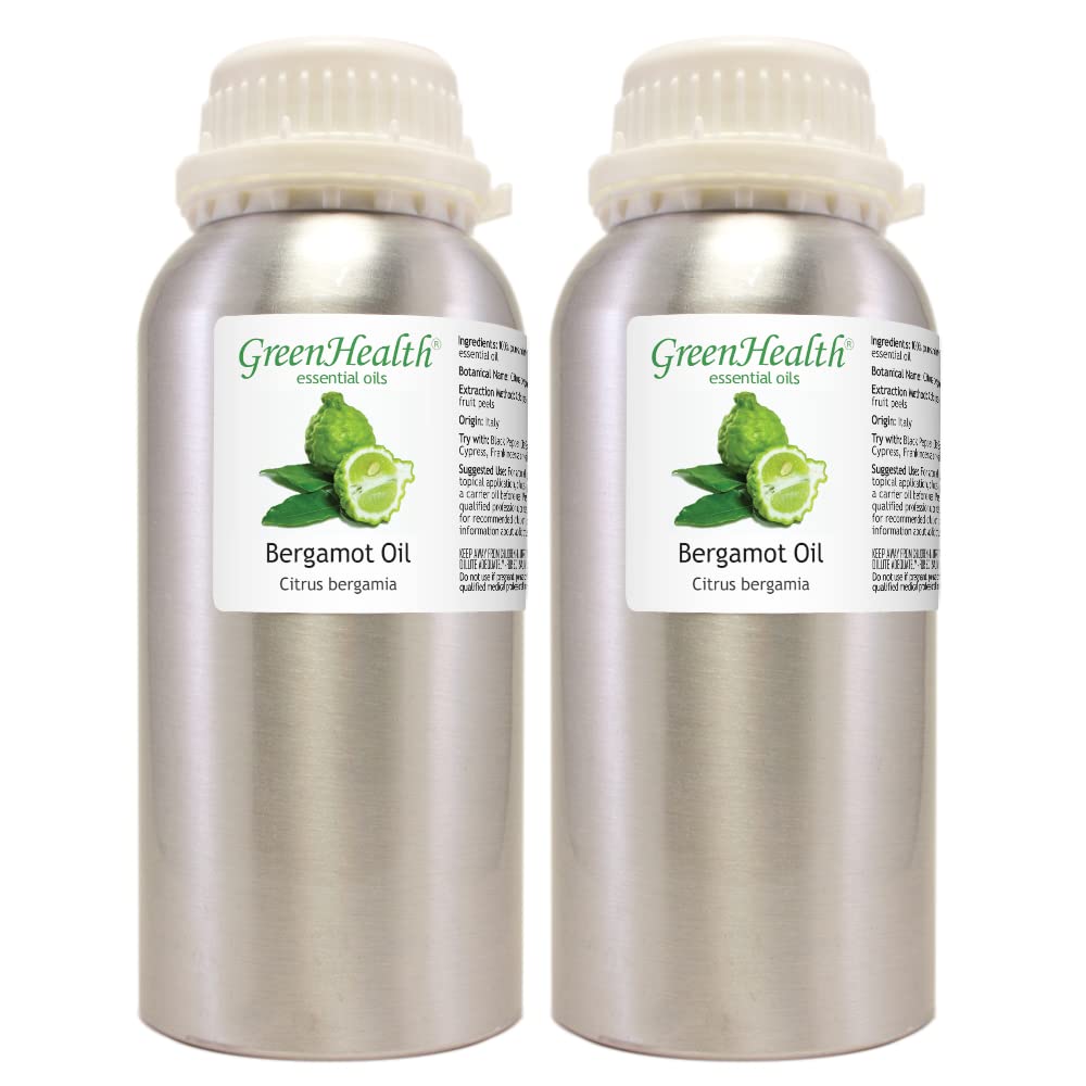 Bergamot Essential Oil 16 fl oz (Pack of 2) - 100% Pure Therapeutic Grade - Aluminum Bottle for Aromatherapy, Diffuser & Massage - GreenHealth - Perfect for Stress Relief & Mood Enhancement
