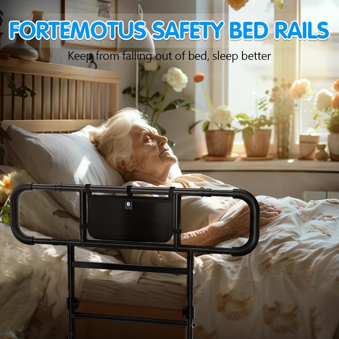 FORTEMOTUS Heavy Duty Bed Rails for Elderly Adults - Foldable Safety Bed Assist Rails with Extendable Guard Rails, Adjustable Height, Storage Pocket & Safety Belt (Supports 450lbs) - Ideal for Senior Home Care & Fall Prevention