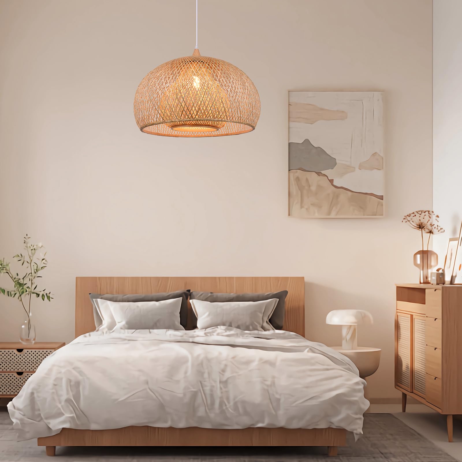 Handwoven Bamboo Pendant Light Fixture - Natural Wood Chandelier with Wicker Lampshade, 17.7x11.8 Inch Hanging Lamp for Bedroom, Living Room & Dining Room Decor - Perfect for Boho, Farmhouse and Coastal Style Interiors