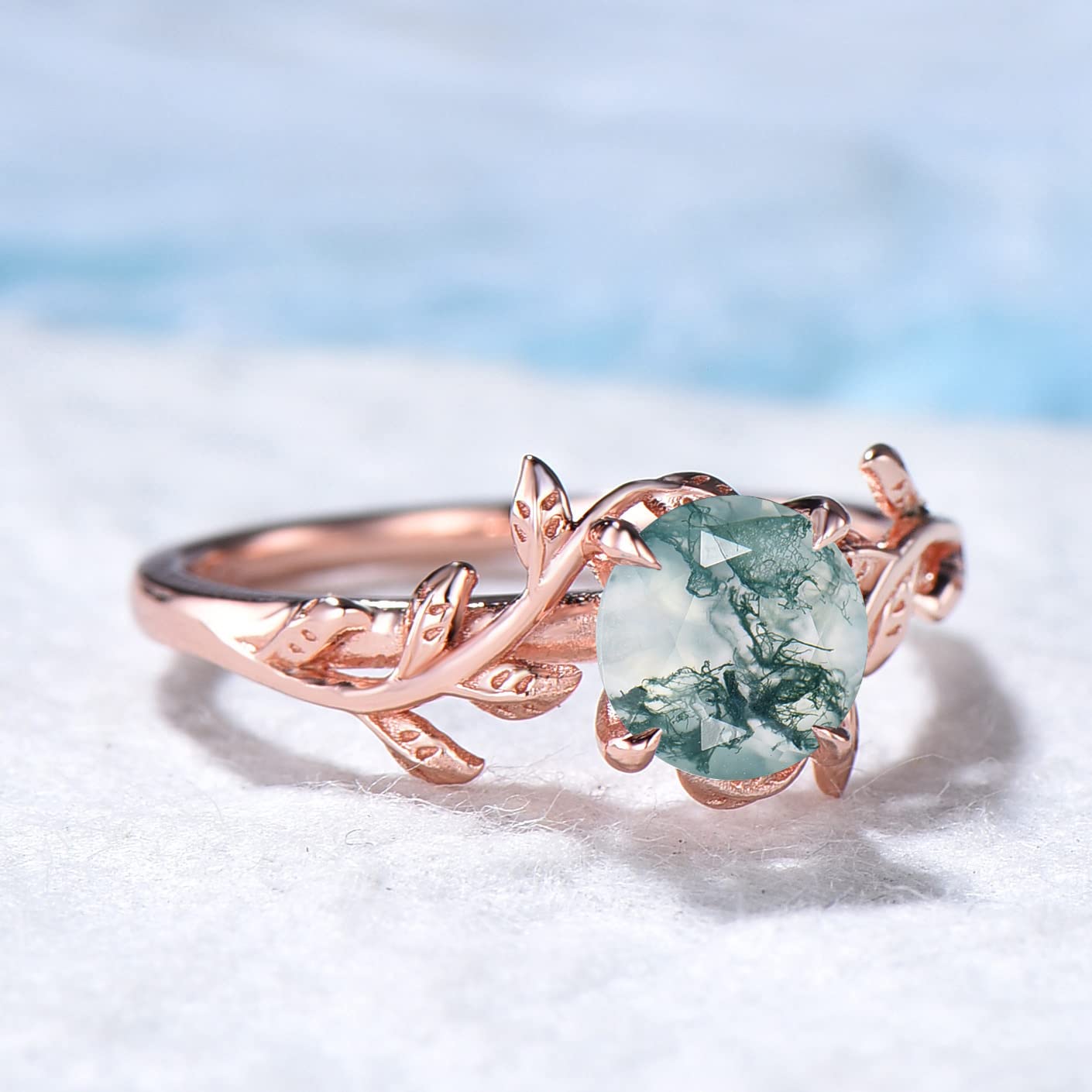Natural Moss Agate Leaf Engagement Ring for Women - Healing Gemstone Vintage Handmade Jewelry - Perfect for Weddings, Anniversaries & Spiritual Healing