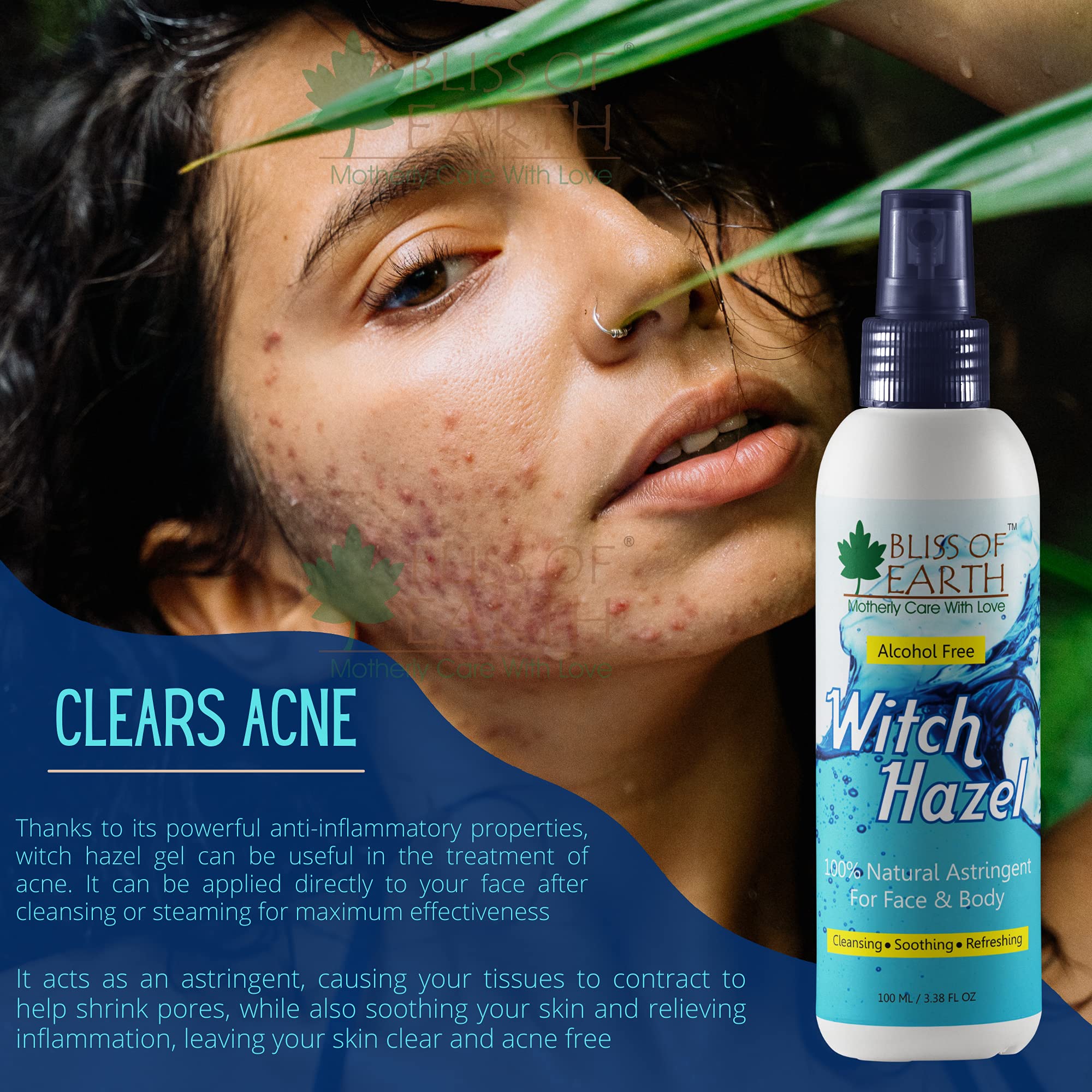 Bliss of Earth Witch Hazel Toner for Face - Natural Pore Minimizer & Alcohol-Free Facial Astringent for Acne & Oily Skin (100ml) | Daily Skincare Routine & Post-Shave Soother