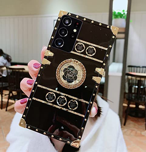 Luxury Square Box Design Cute Gold Bling Glitter Rose Flower Soft Trunk Cover with Ring Kickstand for Samsung Galaxy A91 Case - Women's Phone Skin in Black | Perfect for Daily Use, Travel, and Gift Giving