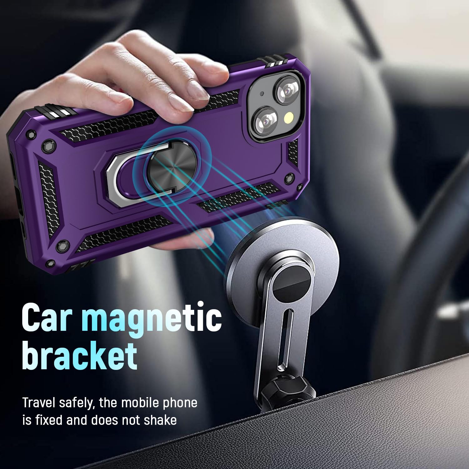 ADDIT iPhone 13 Case with Stand Ring & Magnetic Car Mount - Military Grade Heavy Duty Protective Phone Cover for Women (Purple) - Perfect for Work, Travel & Everyday Use