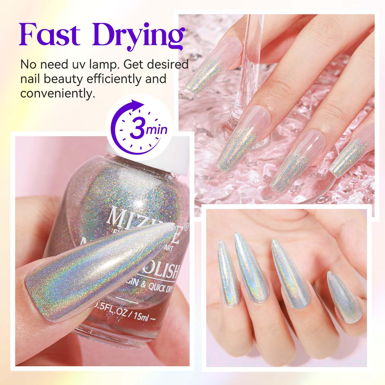 MIZHSE Holographic Nail Polish - Silver Glitter Nail Polish Fast Drying 15ml (0.5 fl oz) | High Gloss Shiny Oil-Based Chrome Nail Lacquer for Salon & Home Manicure | Perfect for Parties, Weddings & Special Occasions
