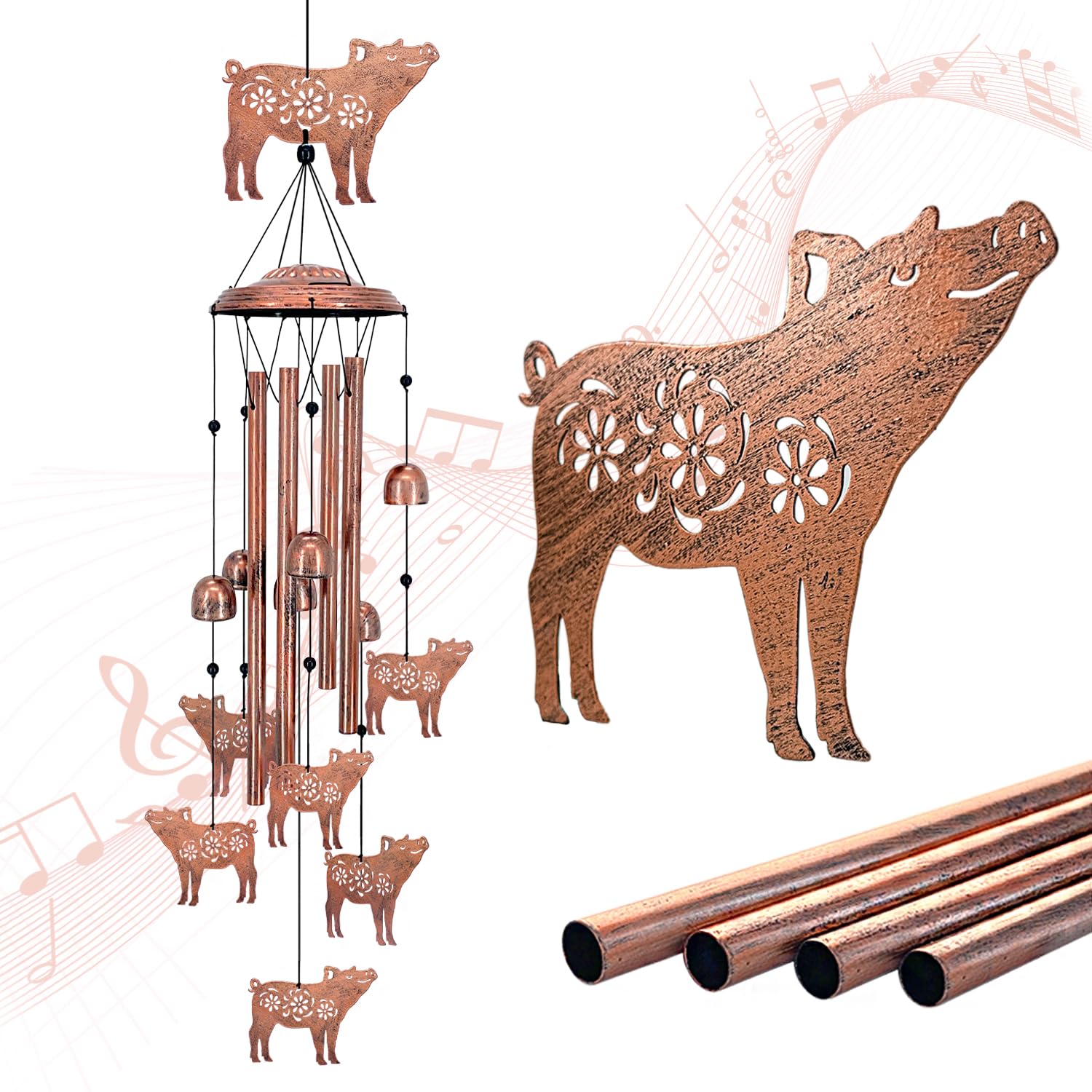 Metal Pig Wind Chimes for Outdoor & Indoor Use - Thoughtful Sympathy, Memorial & Birthday Gift for Women & Men - Perfect for Patio, Garden, Yard, Porch & Home Decor - Creates Soothing Sounds for Relaxation & Outdoor Ambiance