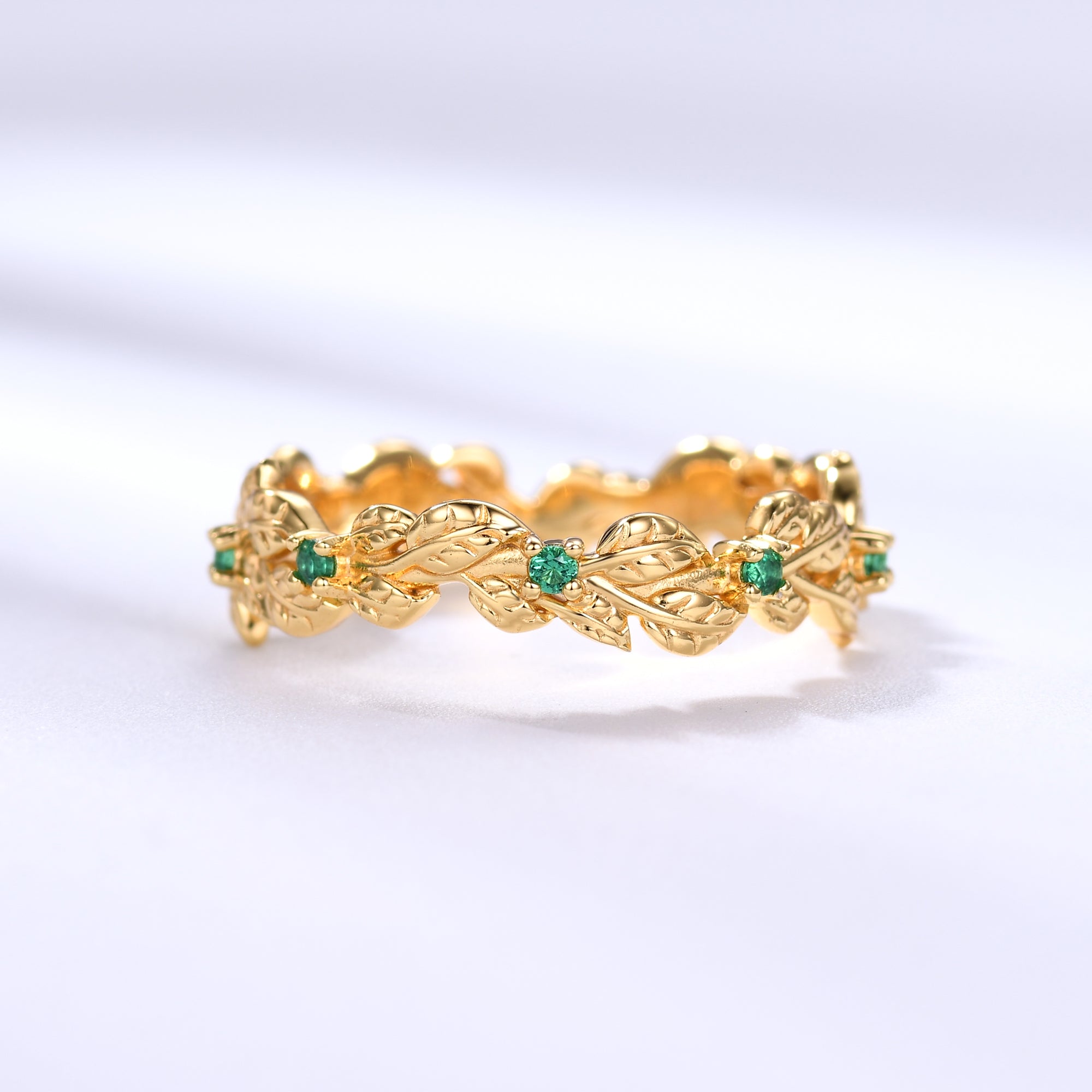 Natural Emerald Green Wedding Band - 14K Yellow Gold Floral Full Eternity Ring for Women | Elegant Bridal Jewelry, Anniversary Gift & Special Occasion Ring
