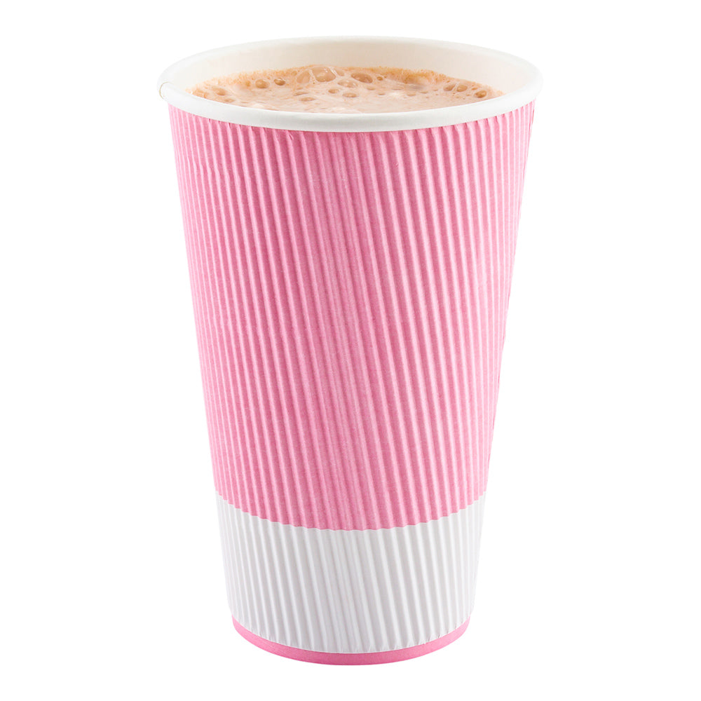 20 oz Light Pink Disposable Paper Coffee Cups with Ripple Wall Design - 3.5