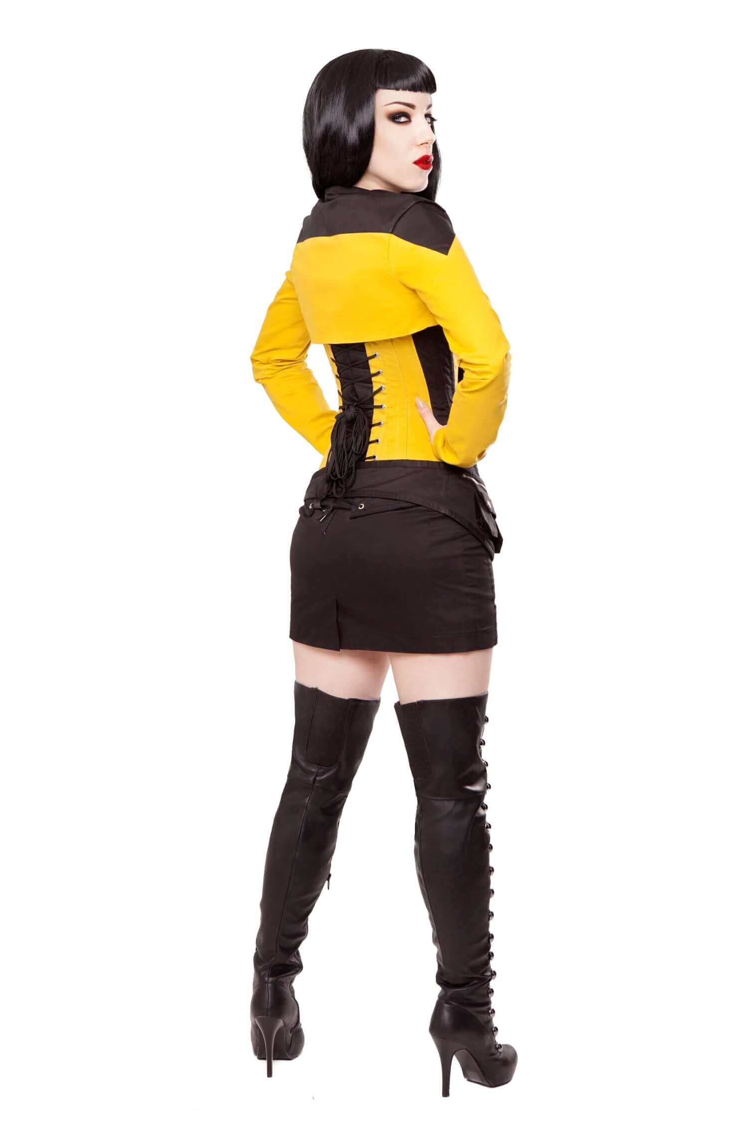 Black and Yellow Corset Outfit with Bolero, Skirt, Belt & Boots - Gothic Fashion Costume for Cosplay, Halloween, and Burlesque Shows