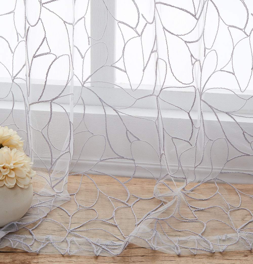 Pair of 30 x 36 Inch Short White Kitchen Curtains with Gray Silver Thread - Boho Cafe Curtain Tiers for RV, Basement & Bathroom Windows | Elegant Home Decor
