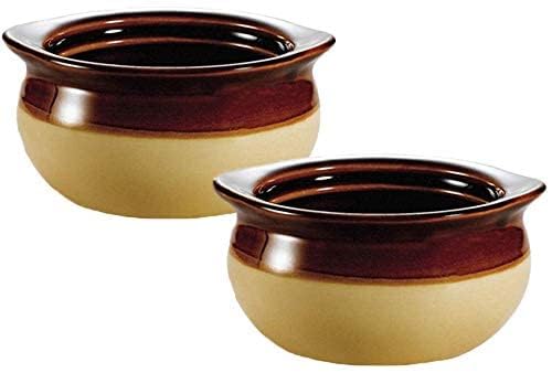 French Soup Crock Bowl Set of 2 - 12 oz Stoneware Bowls in Brown & Ivory | Microwave & Oven Safe for Soups, Stews & Desserts | Perfect for French Onion Soup & Family Dining
