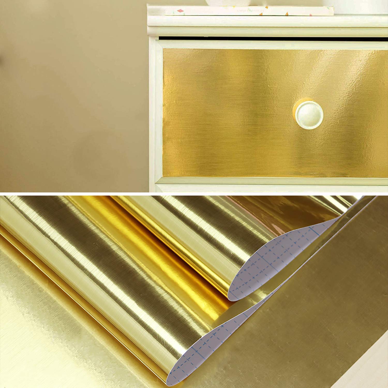 Metallic Gold Self-Adhesive Contact Paper - 17.7”x78.7” Peel and Stick Wallpaper, Waterproof & Removable for Furniture, Cabinets, Shelves - DIY Home Decor, Kitchen Backsplash, Drawer Liners