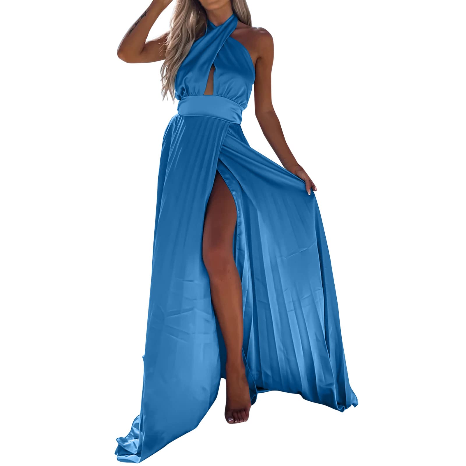 Women's Slim Shift Dress - Long Sleeveless Cold Shoulder Dress with Solid & Print Patterns, Split Hem & Drawstring Waist | Perfect for Wedding Guest, Cocktail Party & Summer Occasions