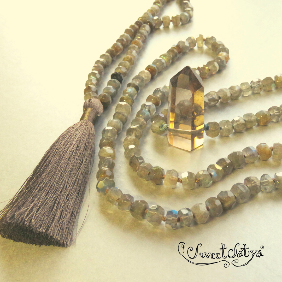 Labradorite Smoky Quartz Mala Beads - Healing Crystal Meditation Necklace for Stress Relief & Spiritual Growth | Perfect for Yoga, Reiki & Mindfulness Practices