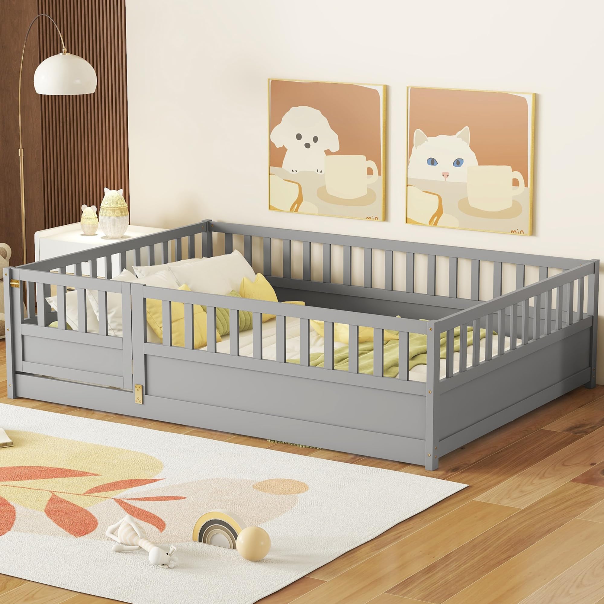 Montessori Floor Bed for Kids - Full Size Wooden Bed with High Safety Fence & Door - Gray Toddler Bed for Boys & Girls - Low Profile Kids Bed Without Slats - Perfect for Montessori Bedrooms & Playrooms