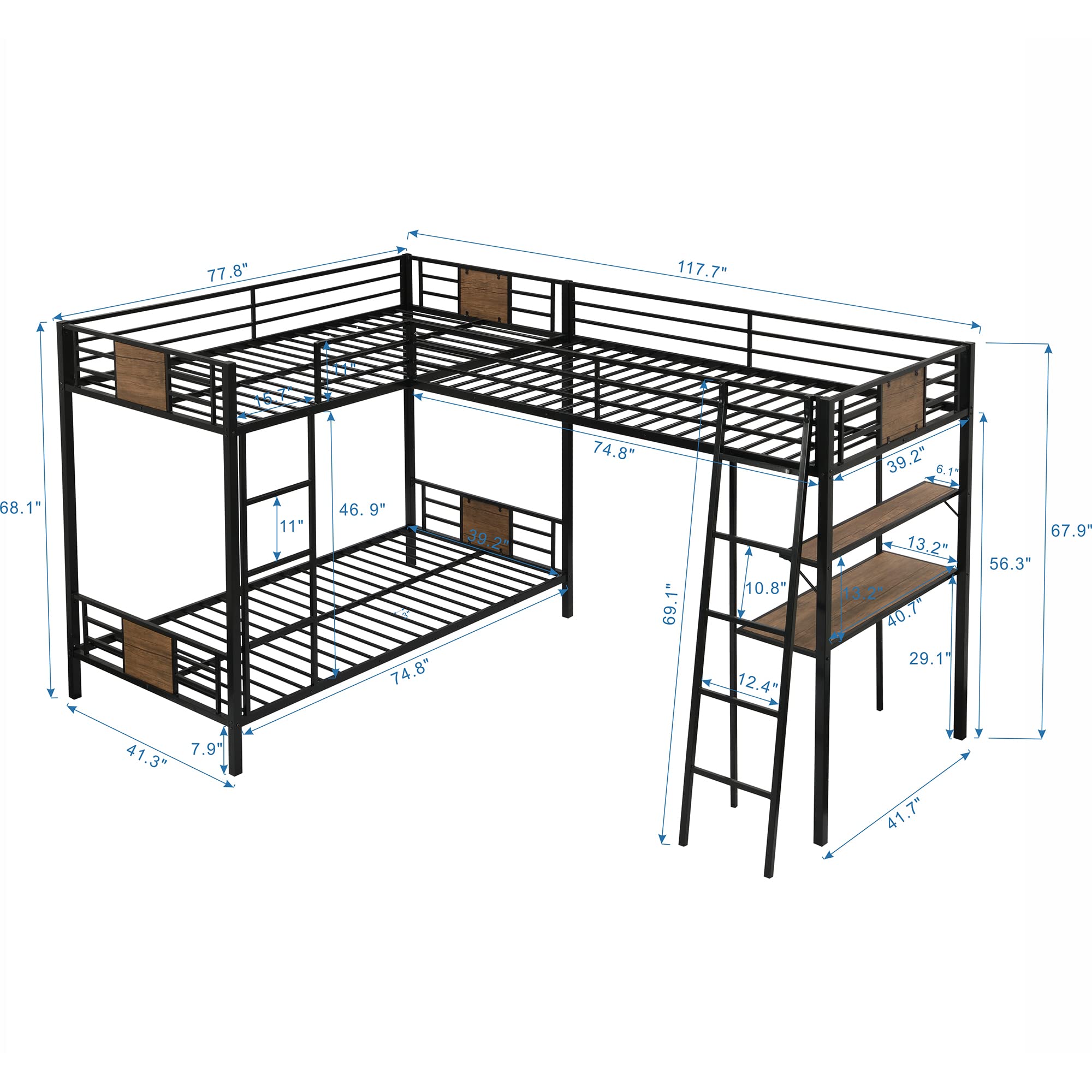 Harper & Bright Designs Metal Triple Bunk Bed with Desk - L-Shaped Twin Bunk Bed & High Loft Bed with Storage Shelves | Space-Saving 3-in-1 Bunk Bed for Kids & Teens (Boys & Girls) in Brown | Perfect for Small Bedrooms, Shared Kids Rooms & Vacation Homes