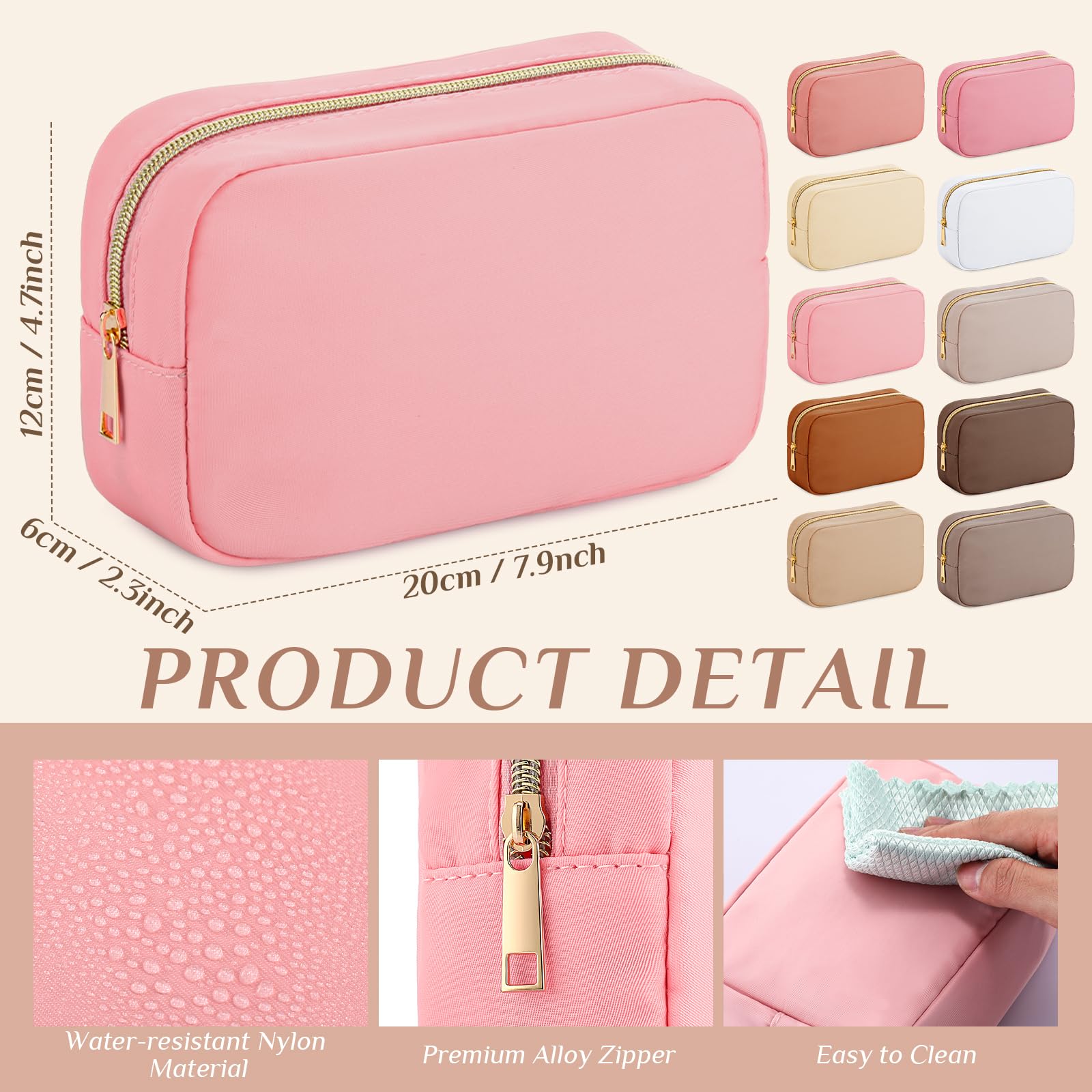 Sweetude Kacctyen 10-Piece Nylon Makeup Bag Set - Reusable Cosmetic Organizer for Women, Large Capacity Travel Toiletry Bag with Zipper (Pink & Brown) - Perfect for Travel, Gym, Daily Makeup Storage & Organization
