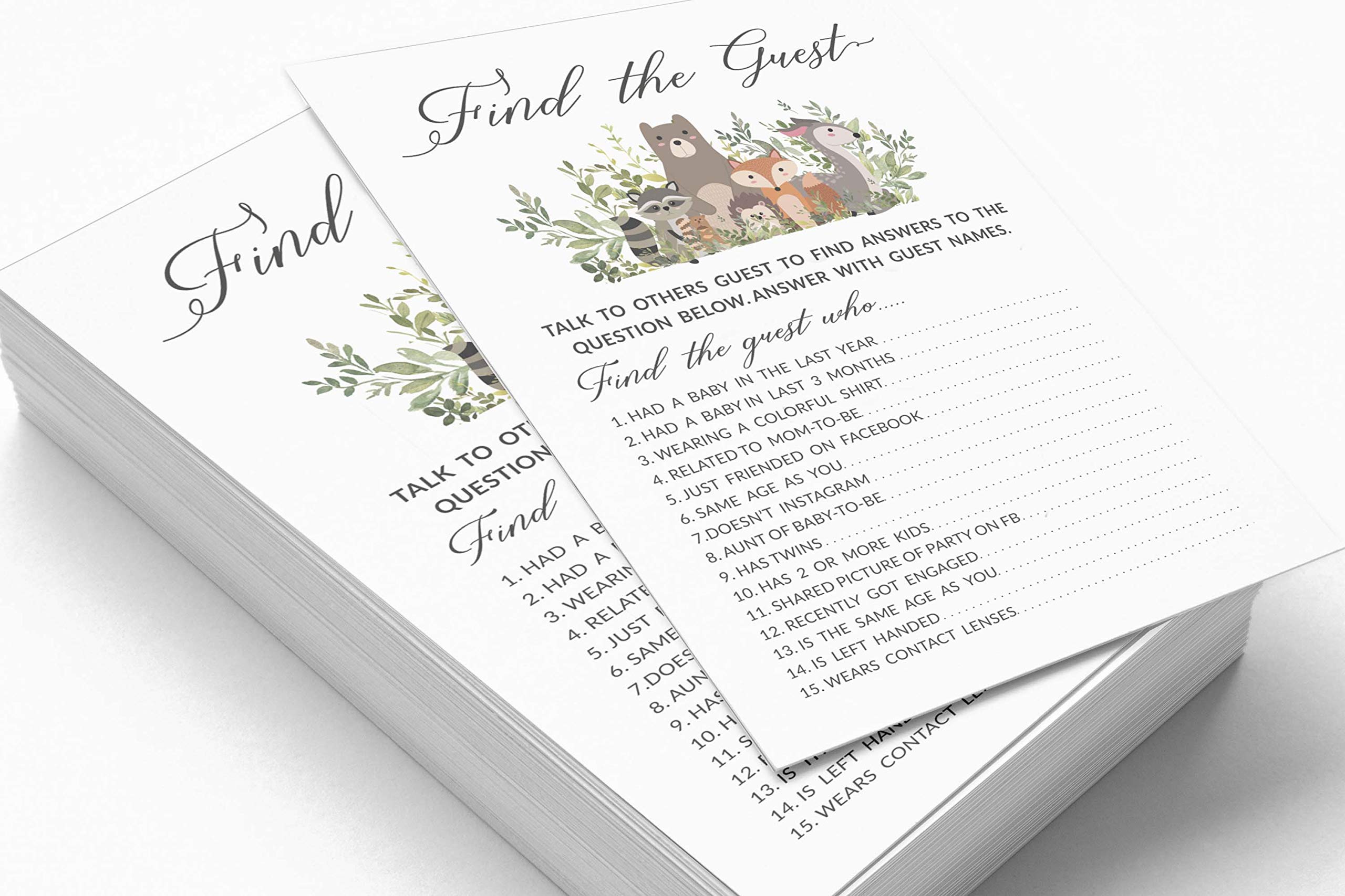 50 Find The Guest Baby Shower Game Cards - Gender Neutral Leaves & Animals Theme - Icebreaker Party Activity for Baby Showers & Gender Reveals